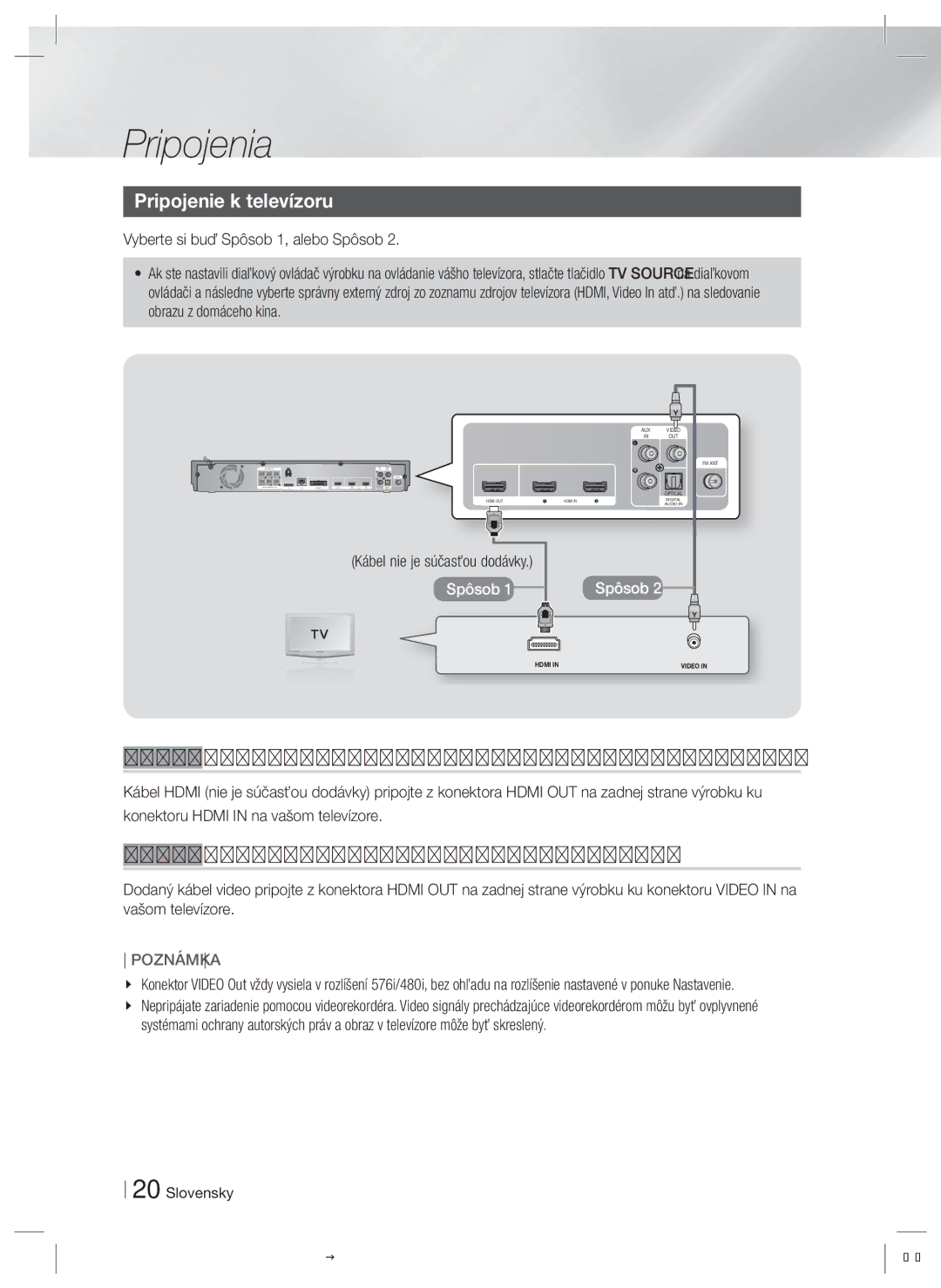 Samsung HT-ES6200/EN manual Pripojenie k televízoru, Vyberte si buď Spôsob 1, alebo Spôsob, Kábel nie je súčasťou dodávky 