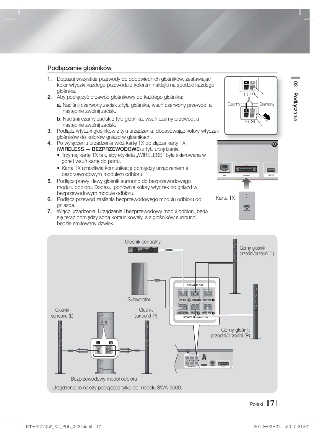 Samsung HT-E6750W/EN, HT-ES6200/EN Podłączanie głośników, Bezprzewodowym modułem odbioru, Górny głośnik, Przedni/przedni L 