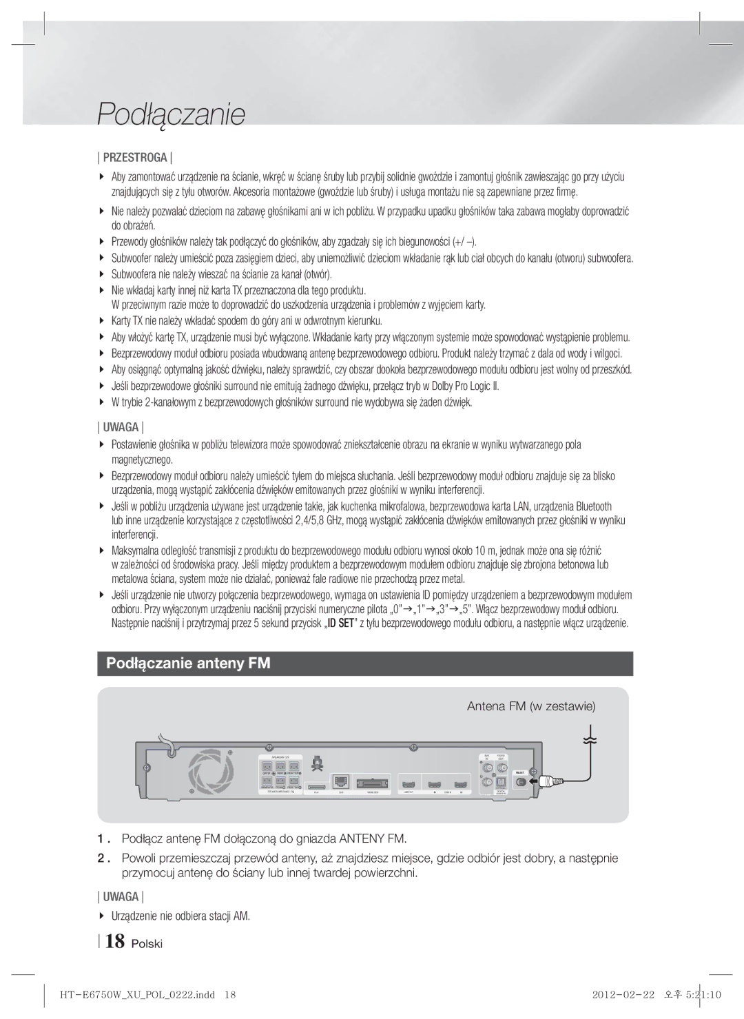 Samsung HT-ES6200/EN, HT-E6750W/EN manual Podłączanie anteny FM, Antena FM w zestawie, Urządzenie nie odbiera stacji AM 