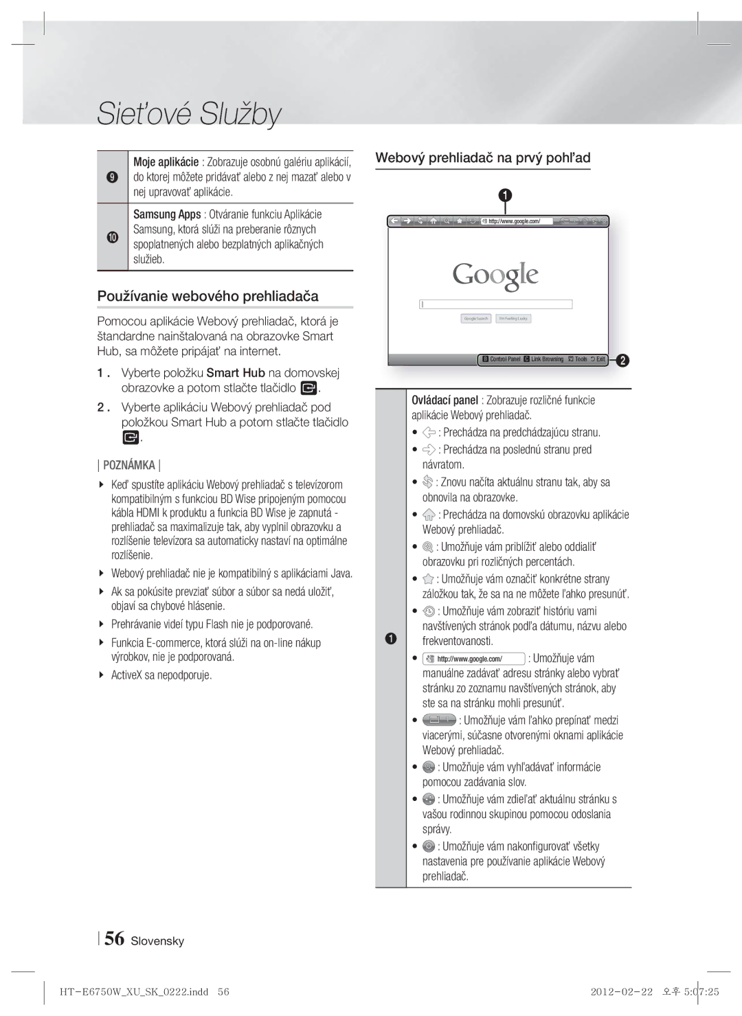 Samsung HT-ES6200/EN manual Používanie webového prehliadača, Webový prehliadač na prvý pohľad, ActiveX sa nepodporuje 