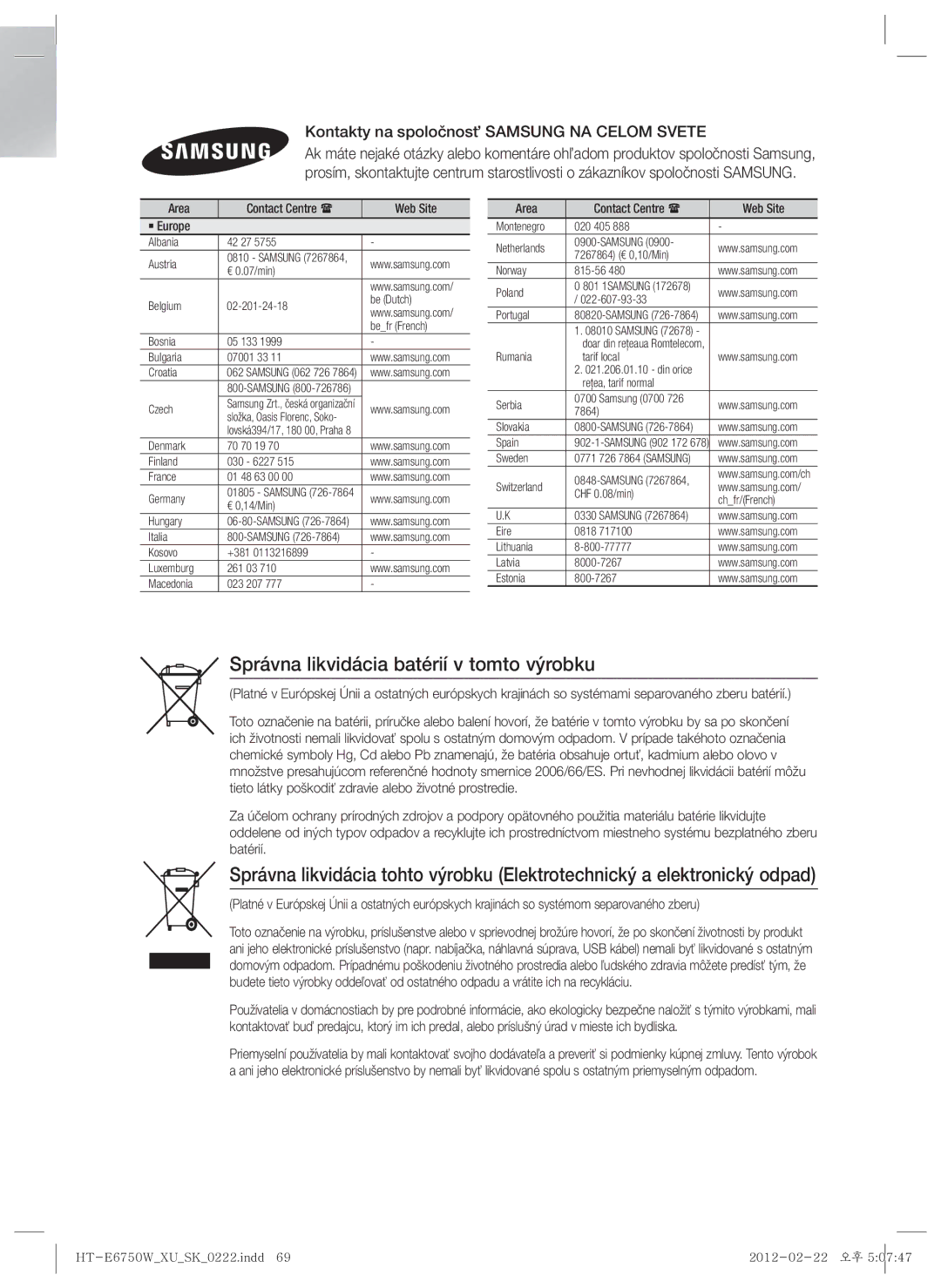 Samsung HT-E6750W/EN manual Správna likvidácia batérií v tomto výrobku, Kontakty na spoločnosť Samsung NA Celom Svete 