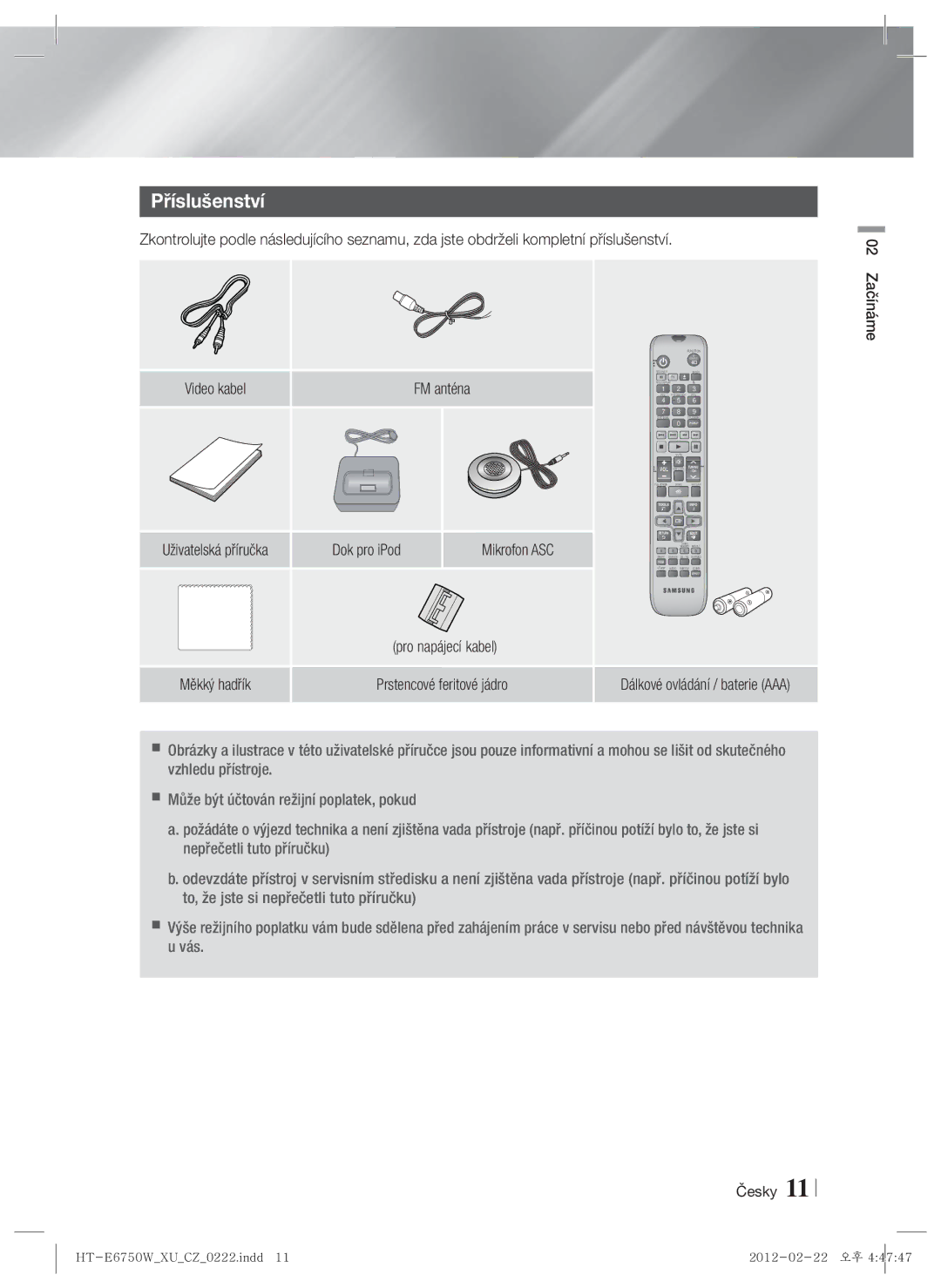 Samsung HT-ES6200/EN, HT-E6750W/EN manual Příslušenství, Pro napájecí kabel, 02 Začínáme Česky, Dok pro iPod 