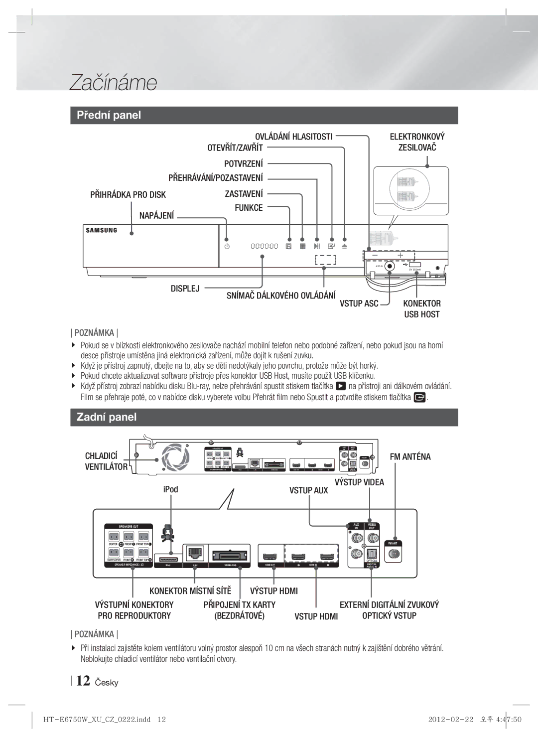 Samsung HT-E6750W/EN, HT-ES6200/EN manual Přední panel, Zadní panel 