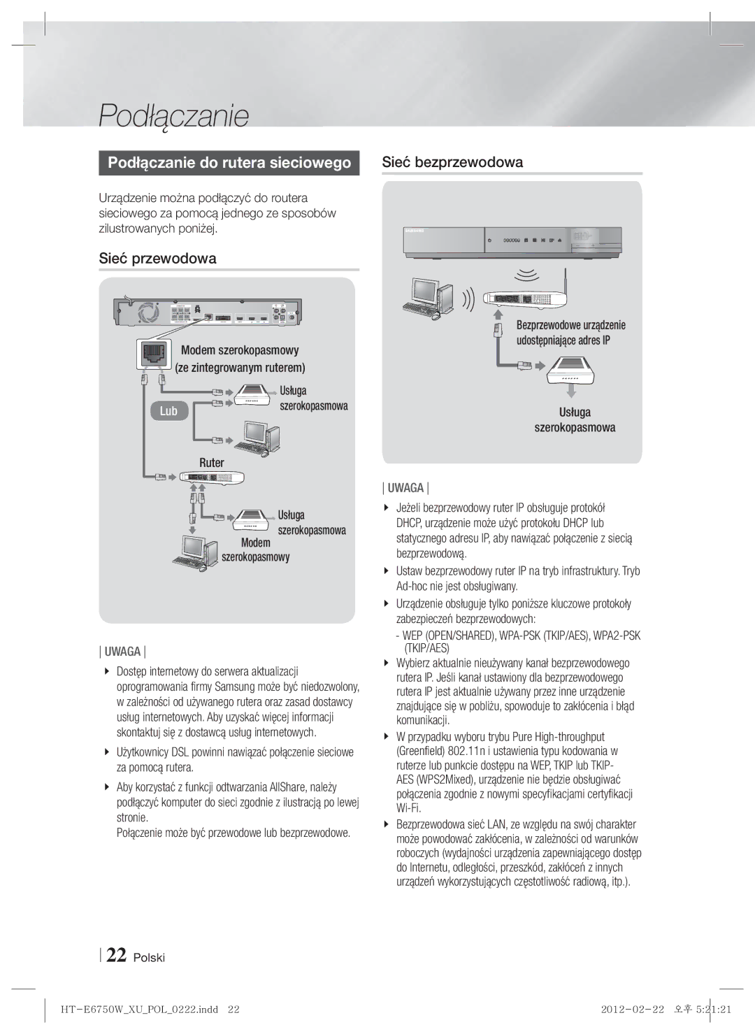 Samsung HT-ES6200/EN manual Sieć przewodowa, Usługa Szerokopasmowa, WEP OPEN/SHARED, WPA-PSK TKIP/AES, WPA2-PSK TKIP/AES 