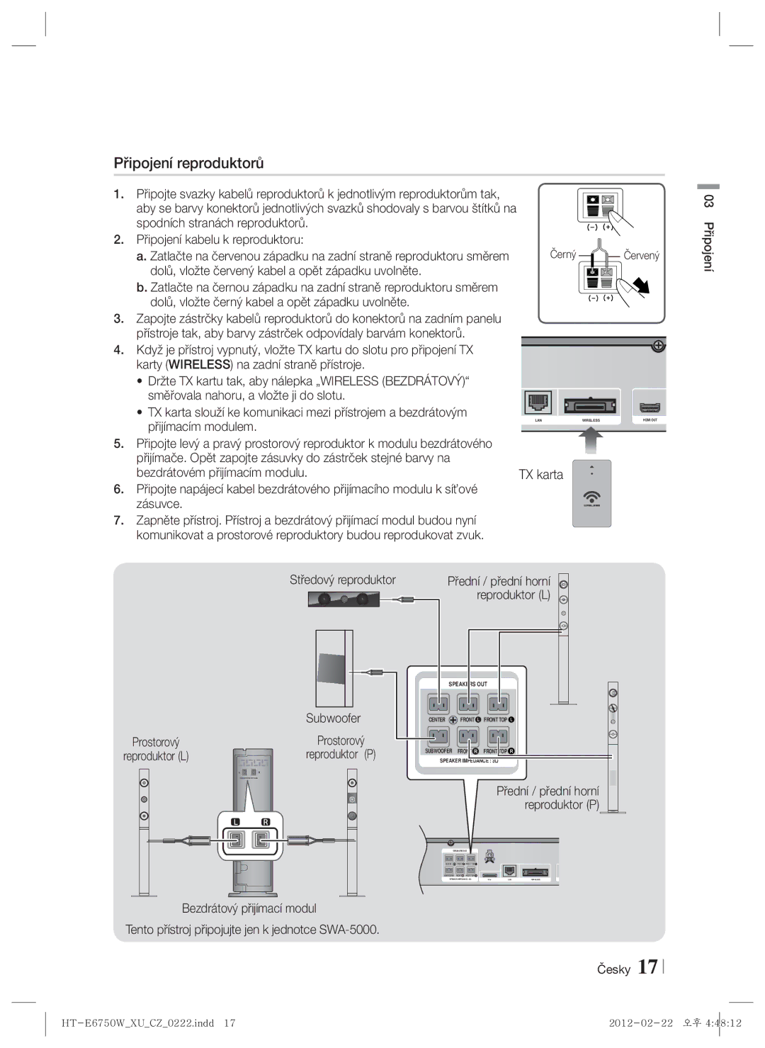 Samsung HT-ES6200/EN manual Připojení reproduktorů, Spodních stranách reproduktorů, TX karta Středový reproduktor Subwoofer 