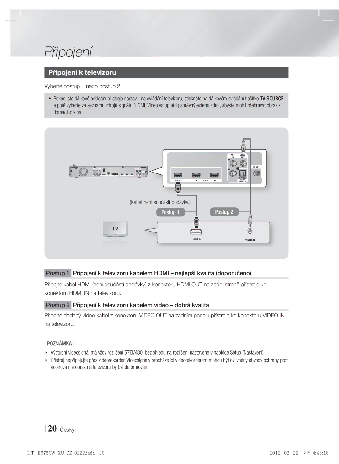 Samsung HT-E6750W/EN, HT-ES6200/EN manual Připojení k televizoru, 20 Česky, Kabel není součástí dodávky 