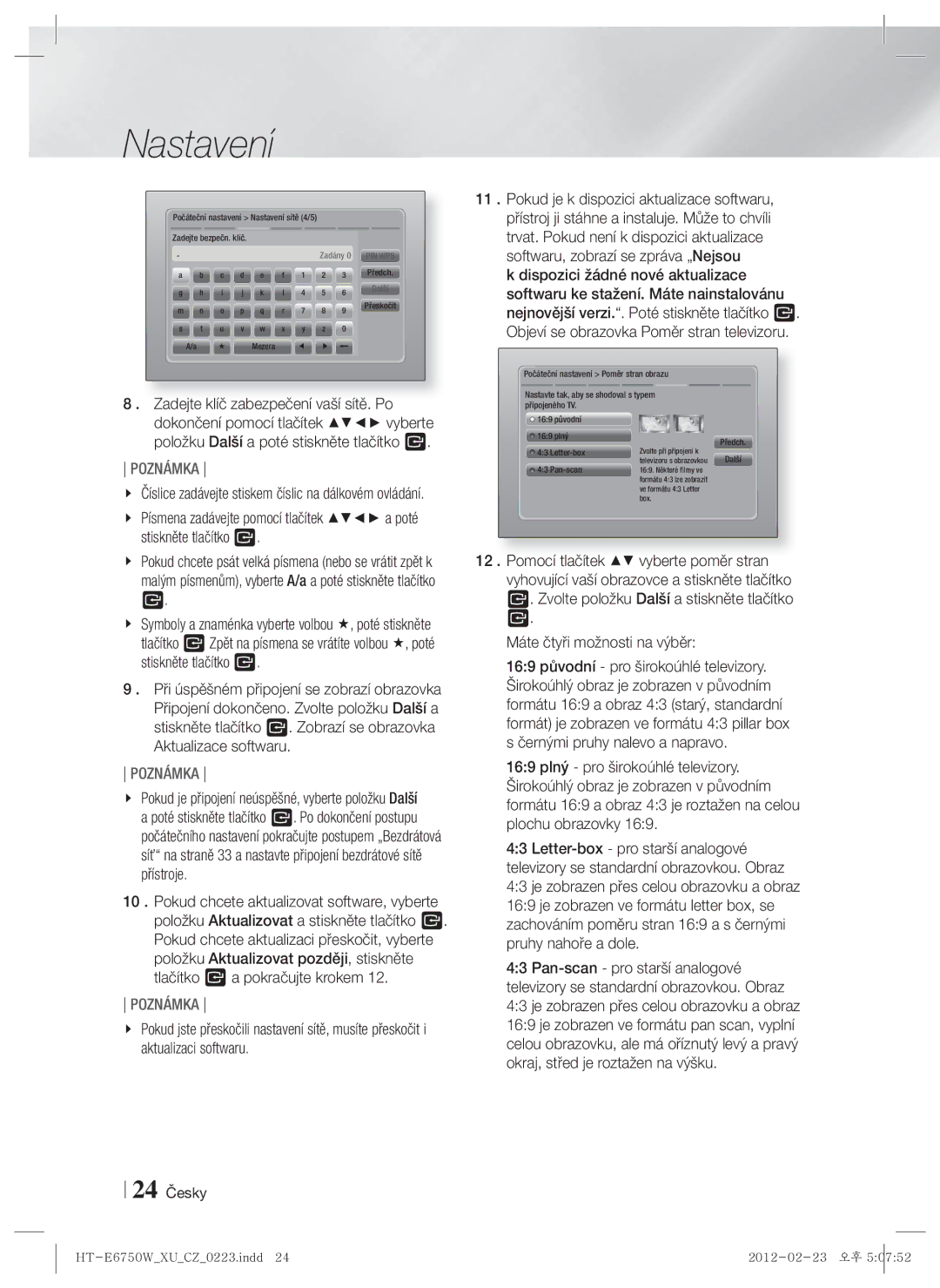 Samsung HT-E6750W/EN, HT-ES6200/EN manual 24 Česky 