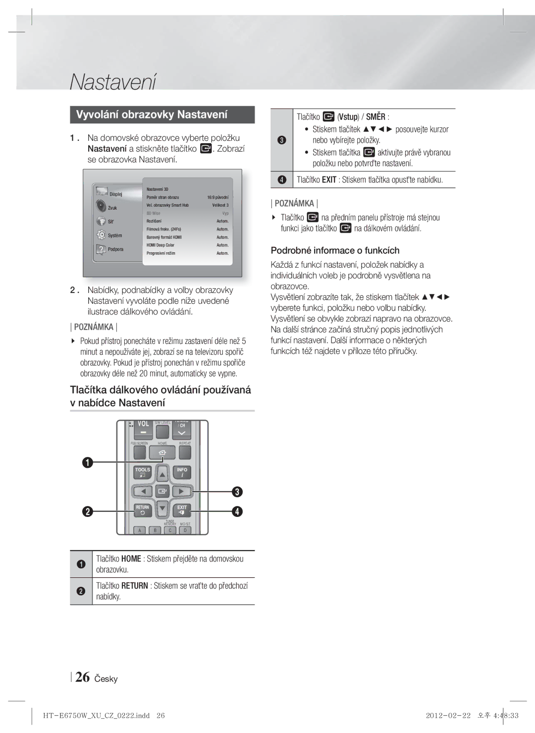 Samsung HT-E6750W/EN Vyvolání obrazovky Nastavení, Tlačítka dálkového ovládání používaná v nabídce Nastavení, 26 Česky 