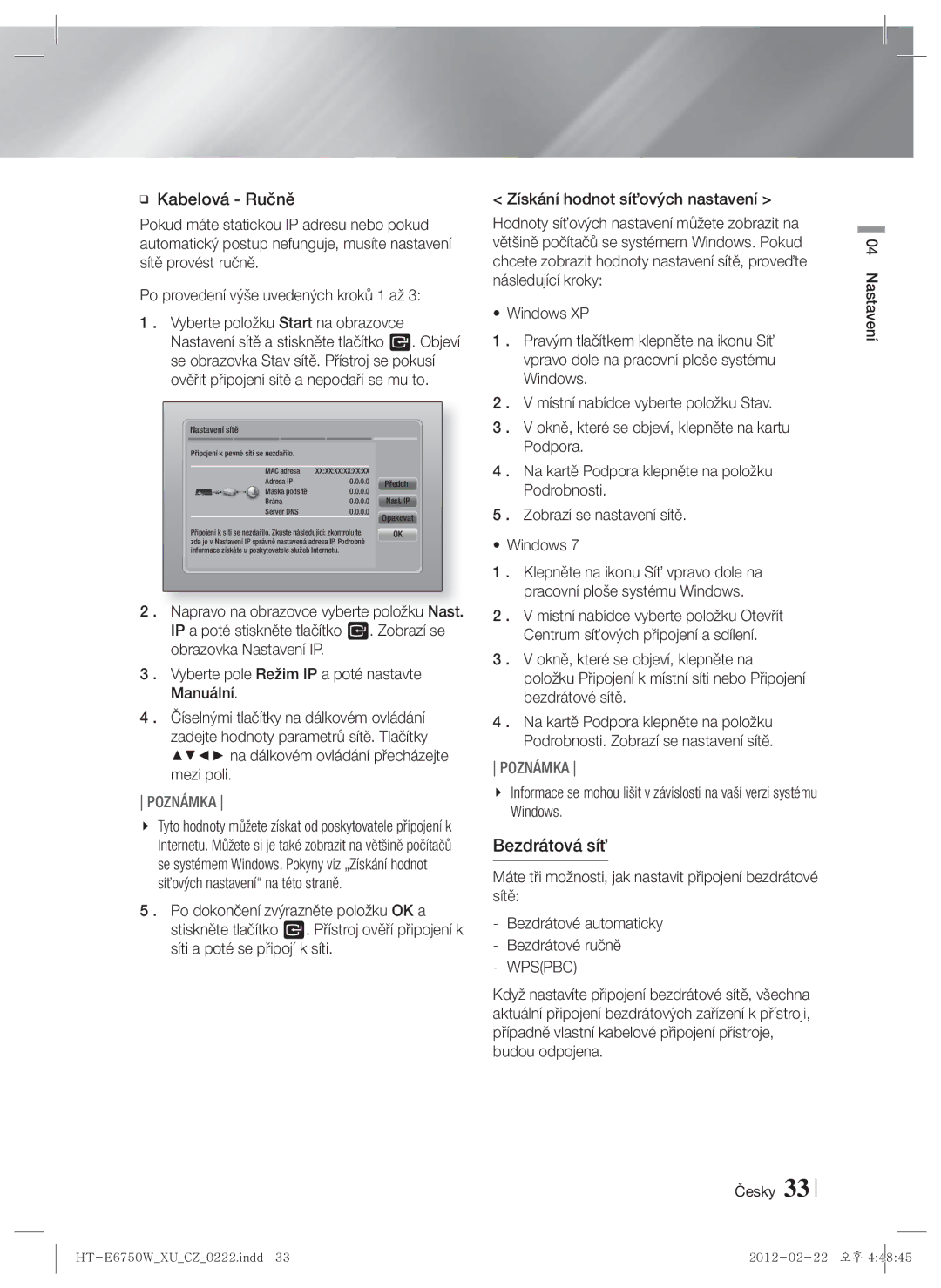 Samsung HT-ES6200/EN, HT-E6750W/EN manual Bezdrátová síť, Wpspbc 