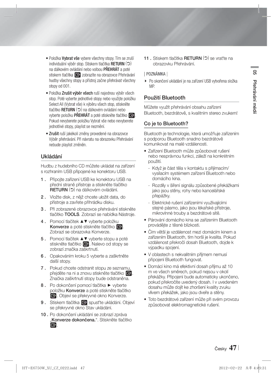 Samsung HT-ES6200/EN, HT-E6750W/EN manual Ukládání, Použití Bluetooth, Co je to Bluetooth?, 05 Přehrávání médií Česky 