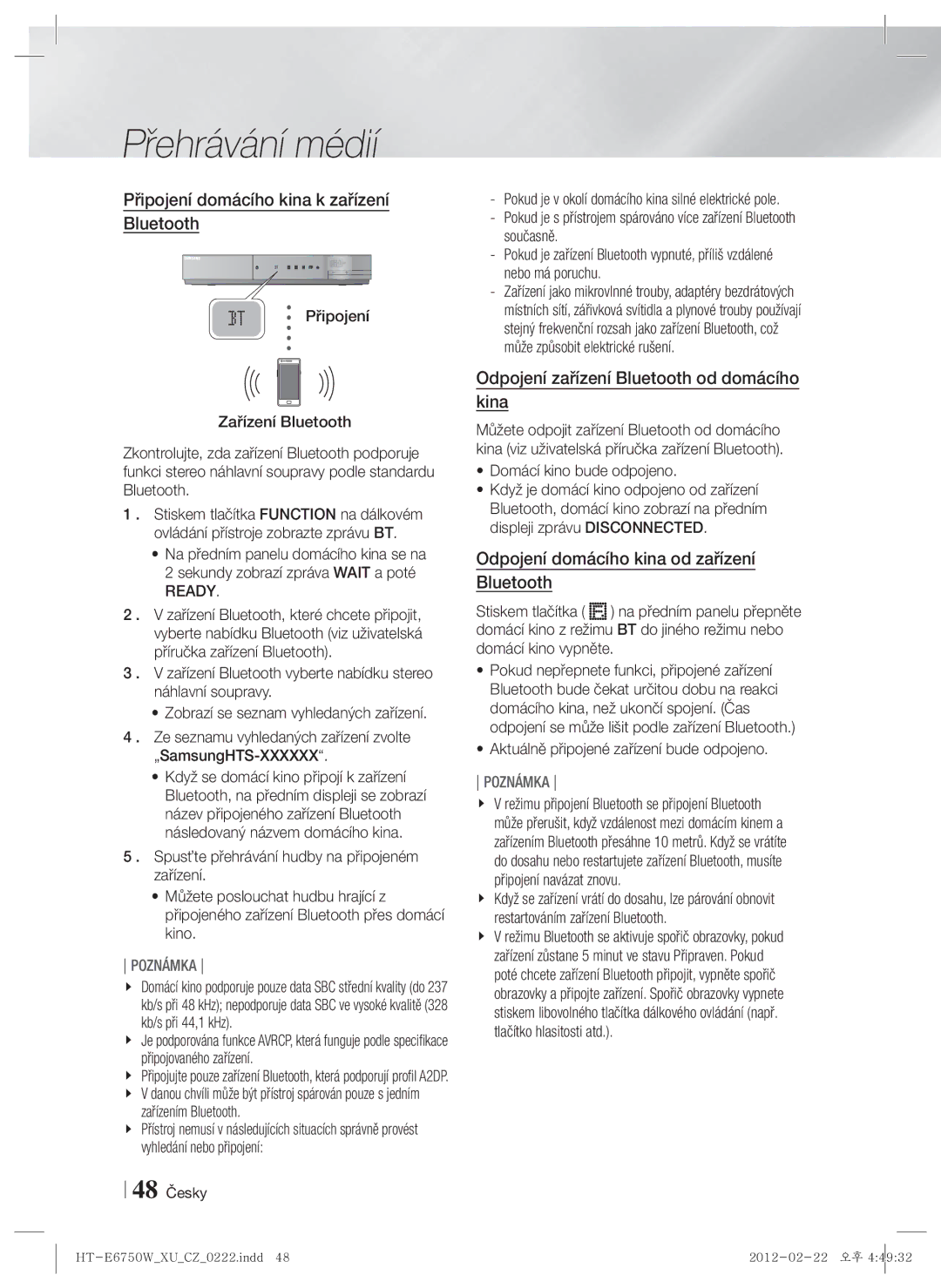Samsung HT-E6750W/EN Připojení domácího kina k zařízení Bluetooth, Odpojení zařízení Bluetooth od domácího kina, Ready 