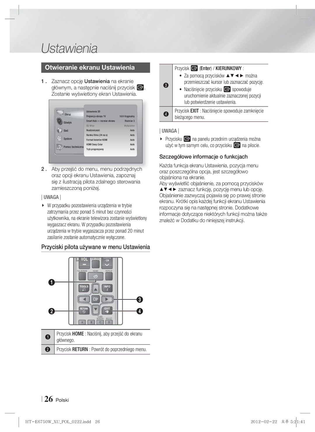 Samsung HT-ES6200/EN, HT-E6750W/EN manual Otwieranie ekranu Ustawienia 