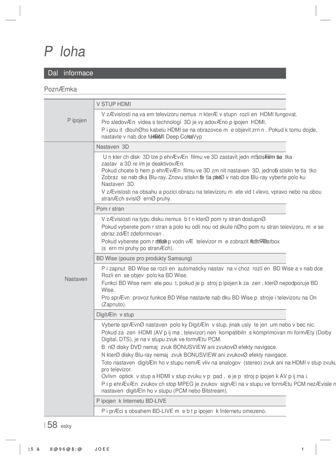 Samsung HT-E6750W/EN, HT-ES6200/EN manual Příloha, Další informace, Připojení, Nastavení 