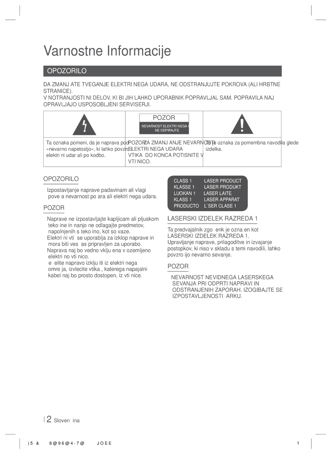 Samsung HT-ES6200/EN, HT-E6750W/EN manual Varnostne Informacije, Izdelka, Električni udar ali poškodbo, Slovenščina 