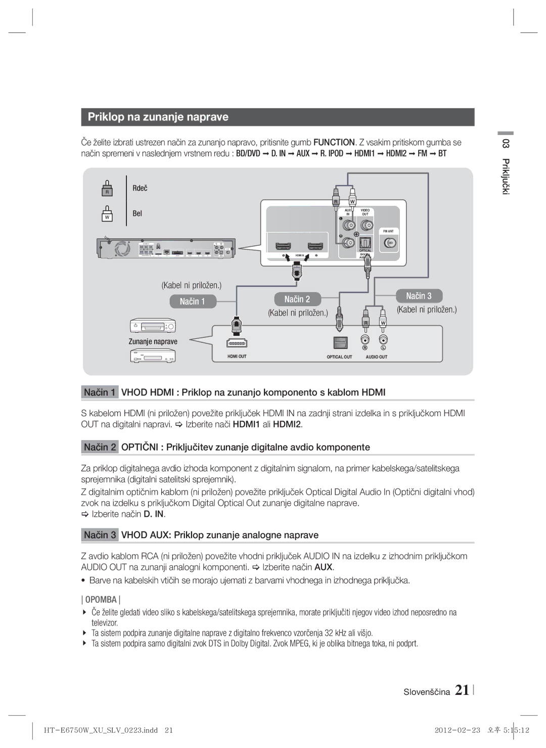 Samsung HT-E6750W/EN, HT-ES6200/EN manual Priklop na zunanje naprave, Bel, Zunanje naprave 