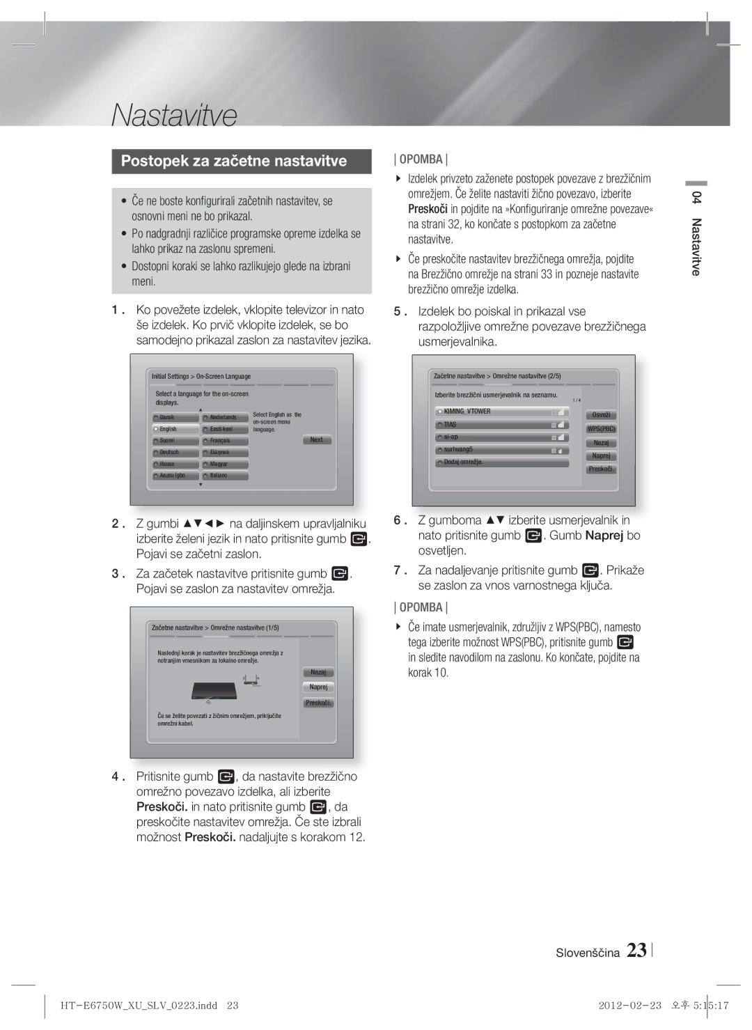 Samsung HT-E6750W/EN, HT-ES6200/EN manual Postopek za začetne nastavitve, Slovenščina Nastavitve 