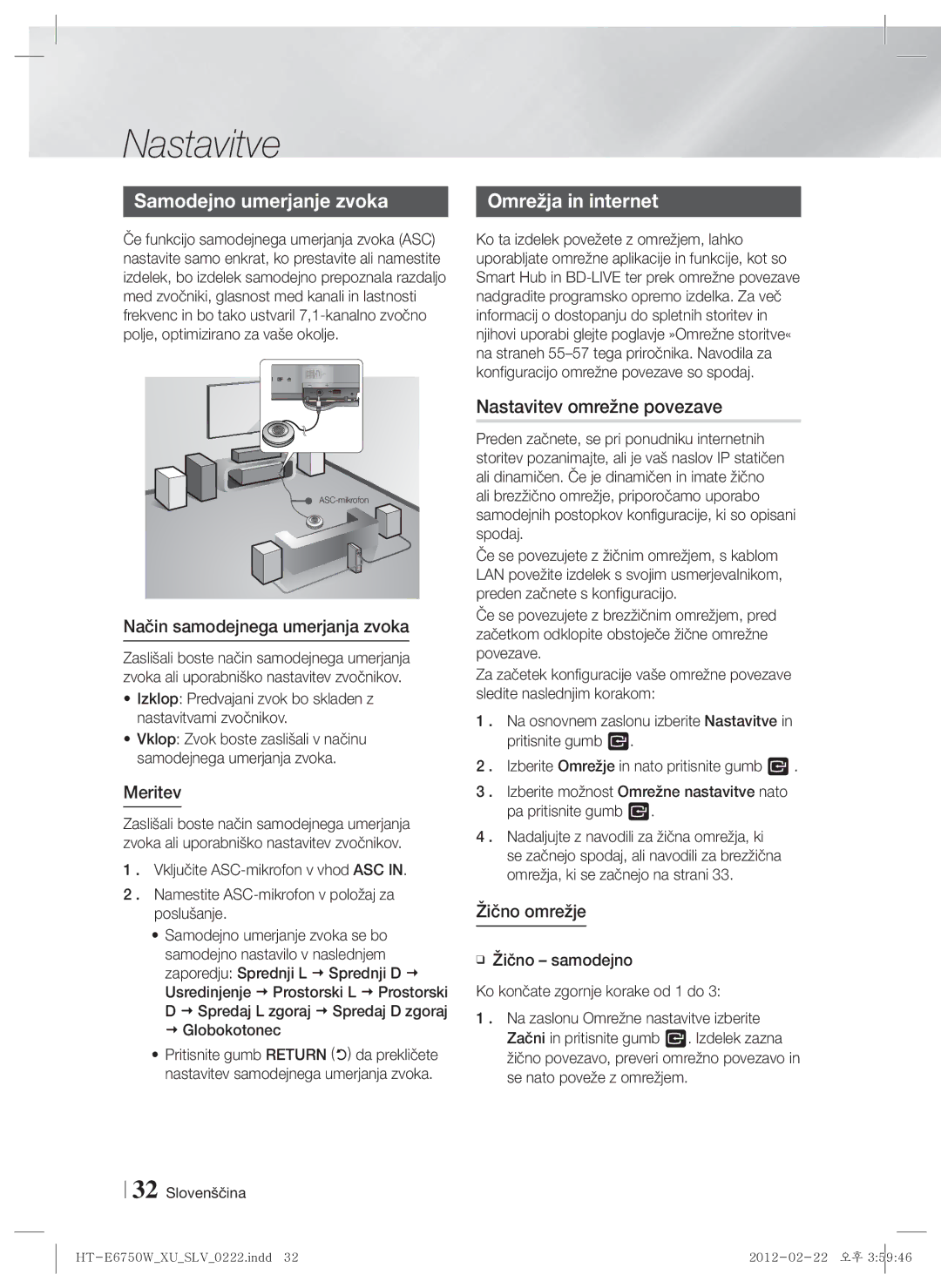 Samsung HT-ES6200/EN Samodejno umerjanje zvoka, Nastavitev omrežne povezave, Način samodejnega umerjanja zvoka, Meritev 