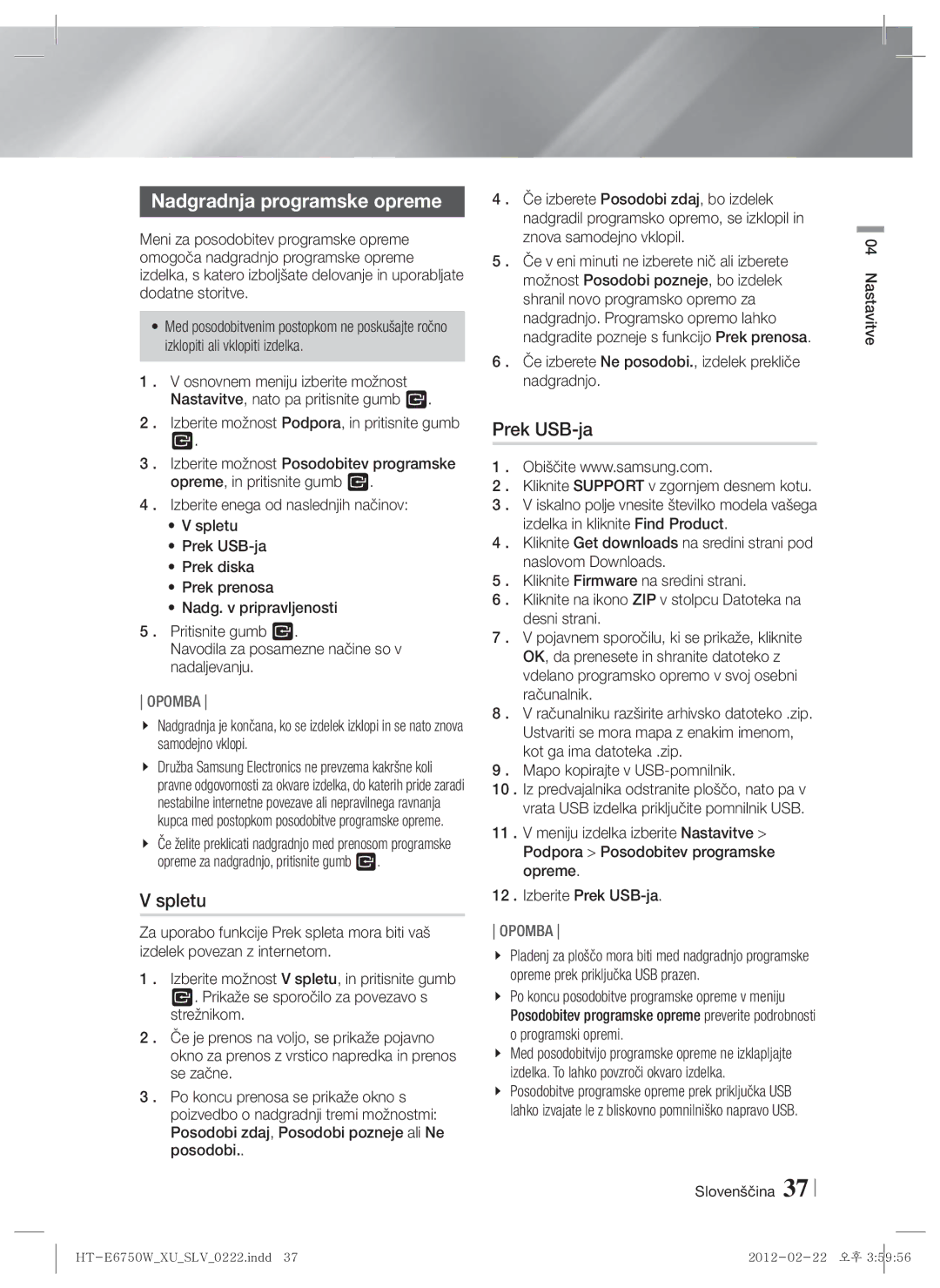 Samsung HT-E6750W/EN, HT-ES6200/EN manual Nadgradnja programske opreme, Spletu, Prek USB-ja 