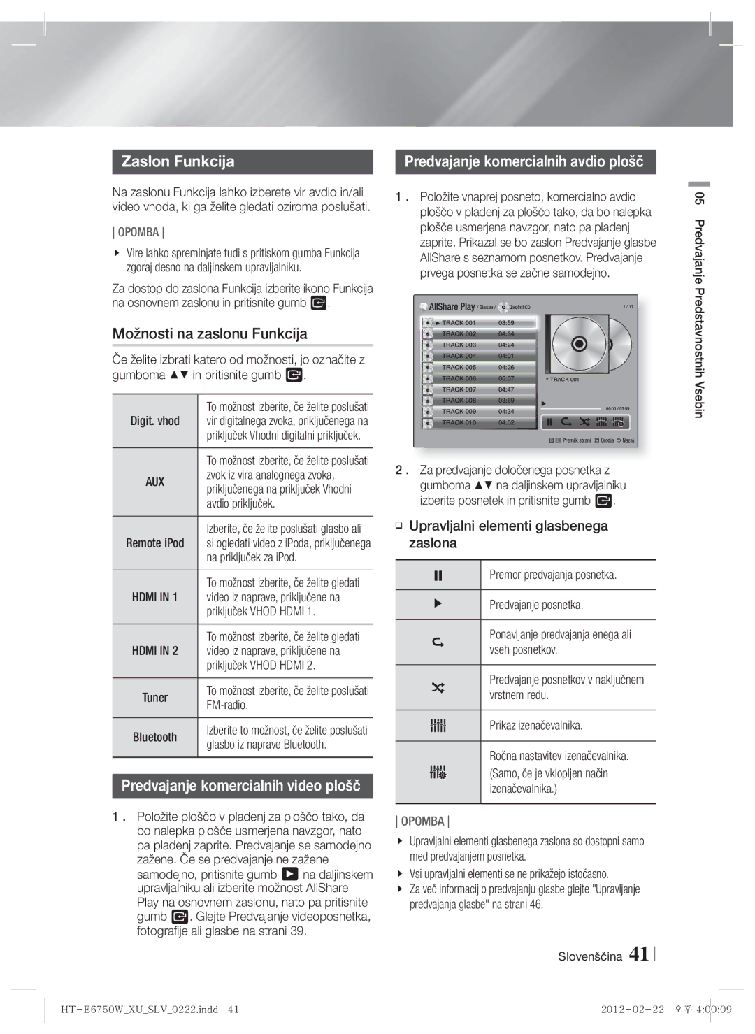 Samsung HT-E6750W/EN, HT-ES6200/EN Zaslon Funkcija, Možnosti na zaslonu Funkcija, Predvajanje komercialnih avdio plošč 