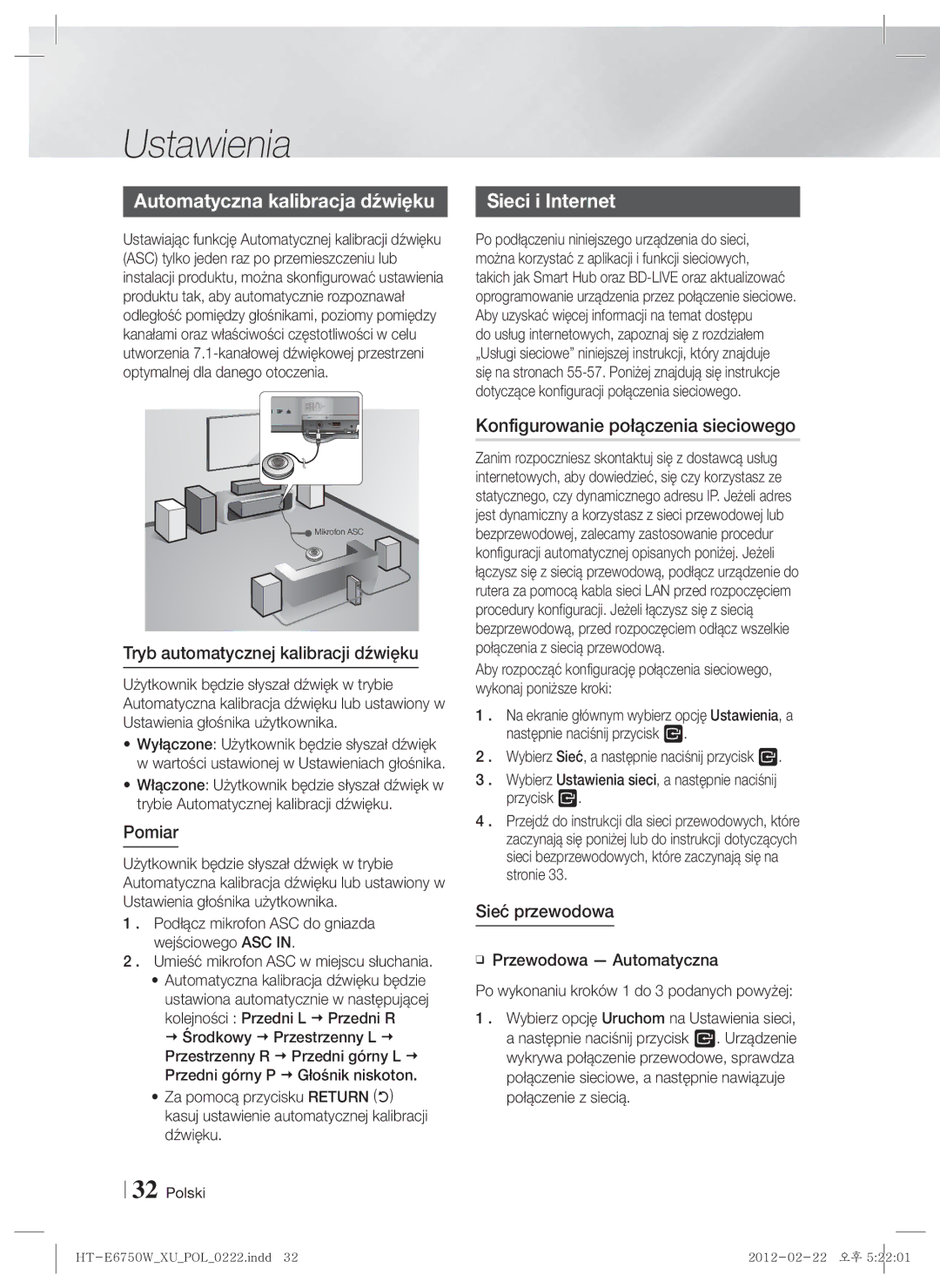 Samsung HT-ES6200/EN manual Automatyczna kalibracja dźwięku, Konfigurowanie połączenia sieciowego, Pomiar, Sieć przewodowa 