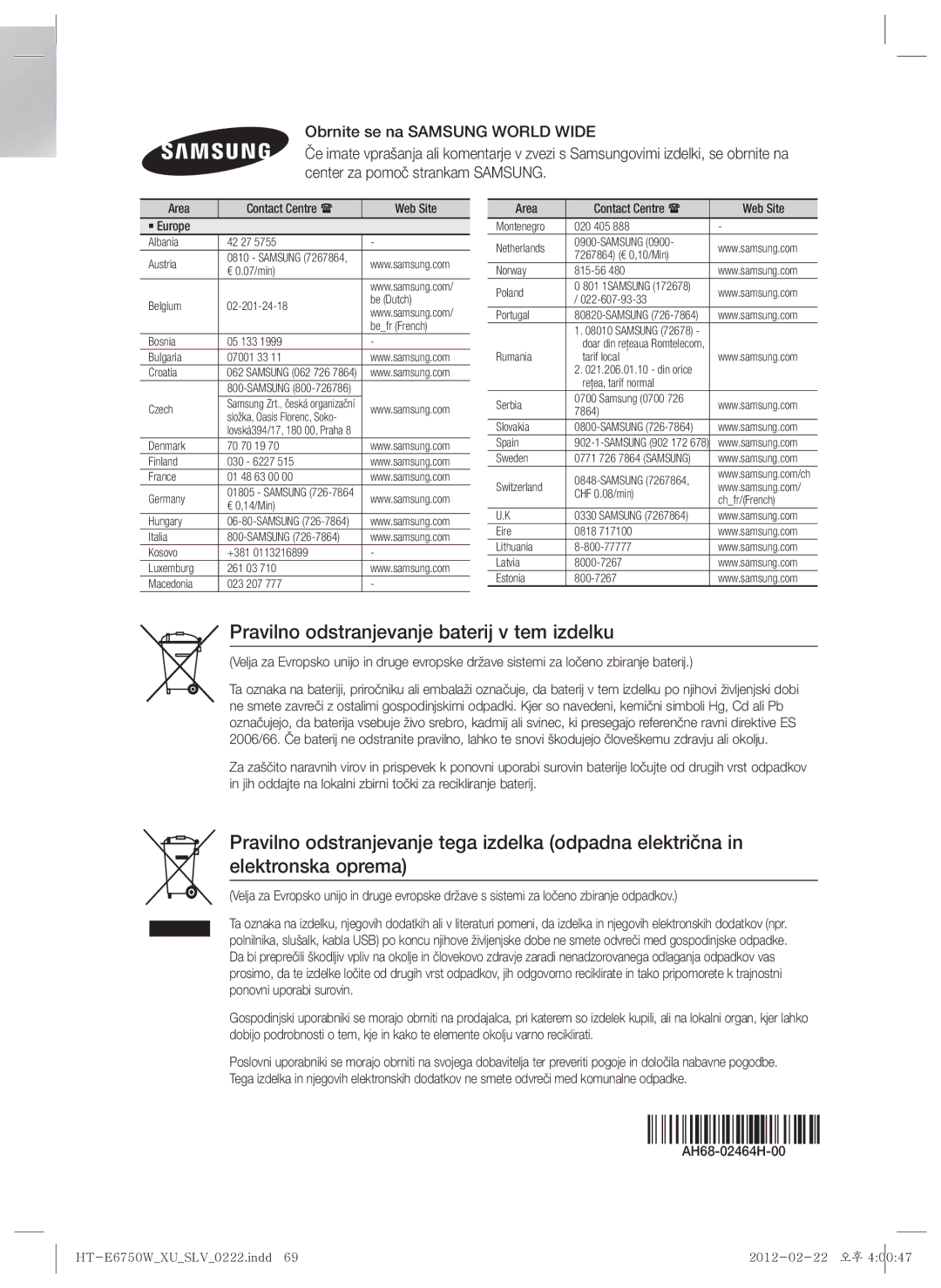 Samsung HT-E6750W/EN, HT-ES6200/EN manual Pravilno odstranjevanje baterij v tem izdelku, AH68-02464H-00 