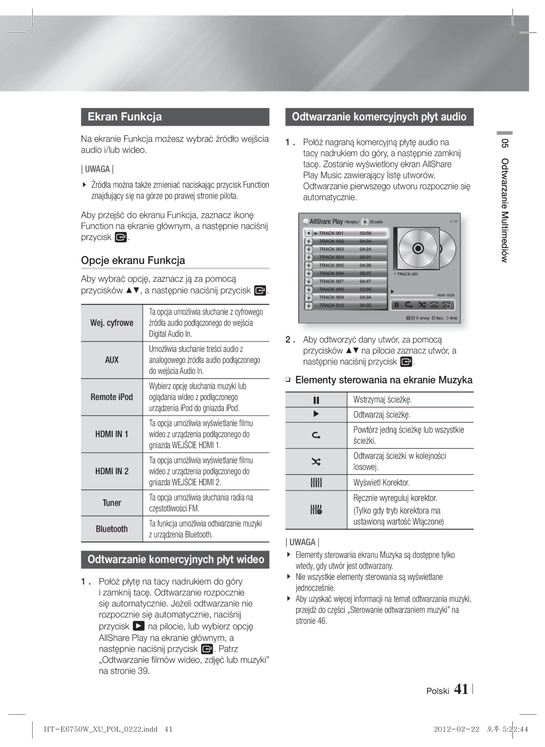 Samsung HT-E6750W/EN, HT-ES6200/EN manual Ekran Funkcja, Opcje ekranu Funkcja, Odtwarzanie komercyjnych płyt audio 