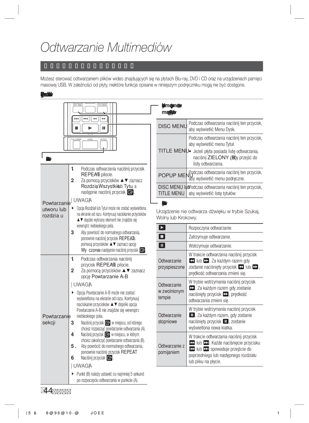 Samsung HT-ES6200/EN Sterowanie odtwarzaniem wideo, Przyciski pilota służące do odtwarzania wideo, Disc Menu, Title Menu 