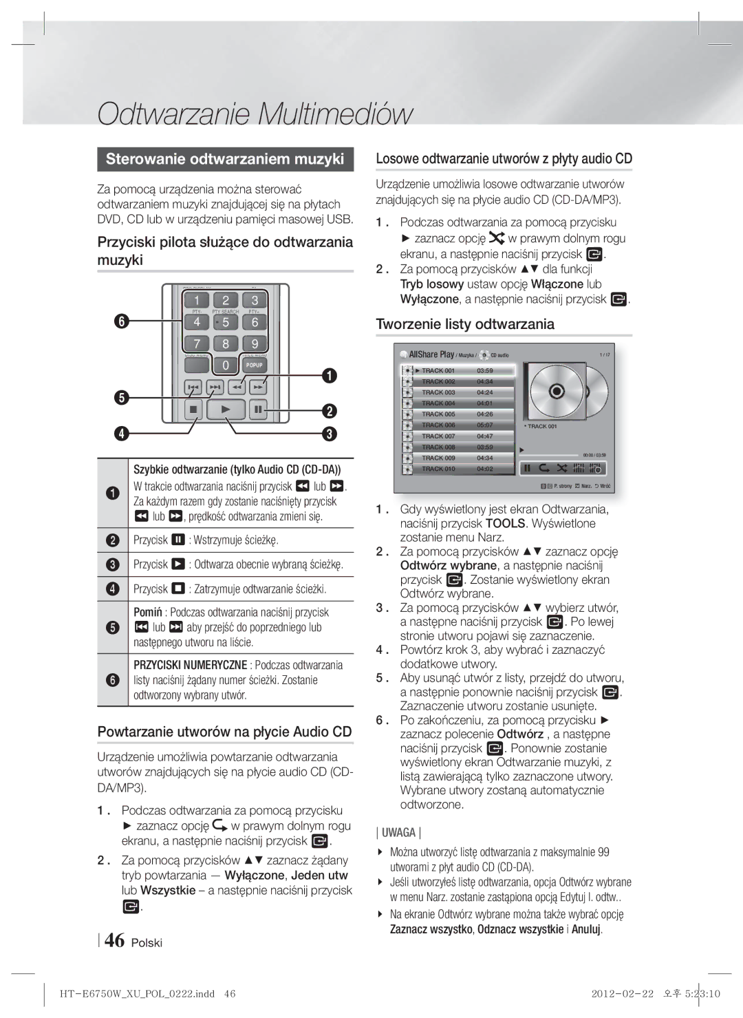 Samsung HT-ES6200/EN, HT-E6750W/EN manual Sterowanie odtwarzaniem muzyki, Przyciski pilota służące do odtwarzania muzyki 