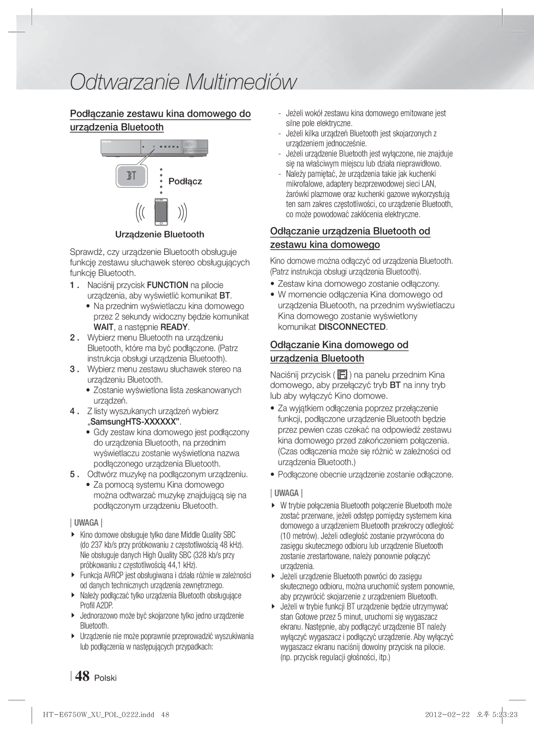 Samsung HT-ES6200/EN, HT-E6750W/EN manual Podłączanie zestawu kina domowego do urządzenia Bluetooth 