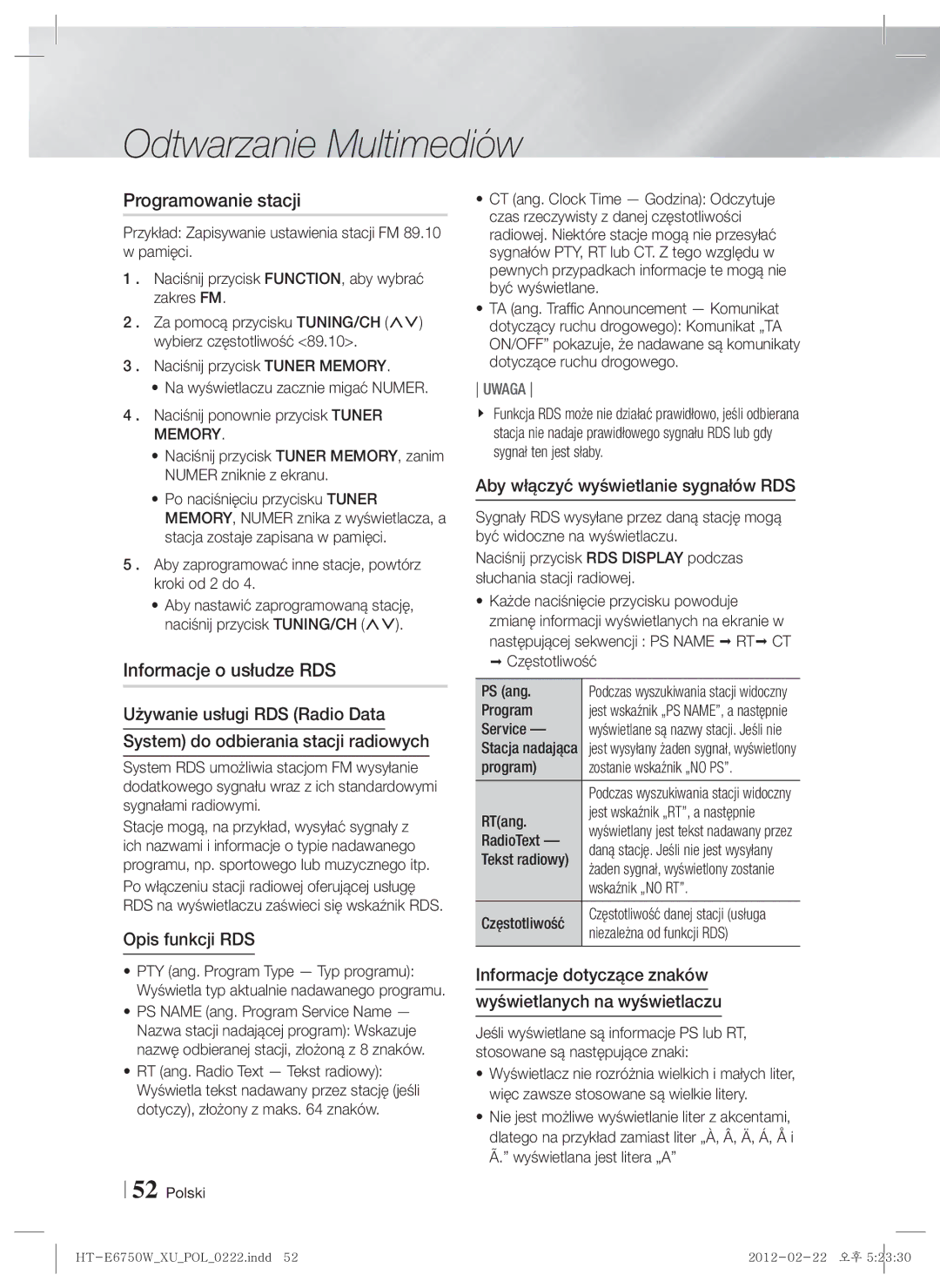 Samsung HT-ES6200/EN, HT-E6750W/EN manual Programowanie stacji, Informacje o usłudze RDS, Opis funkcji RDS 