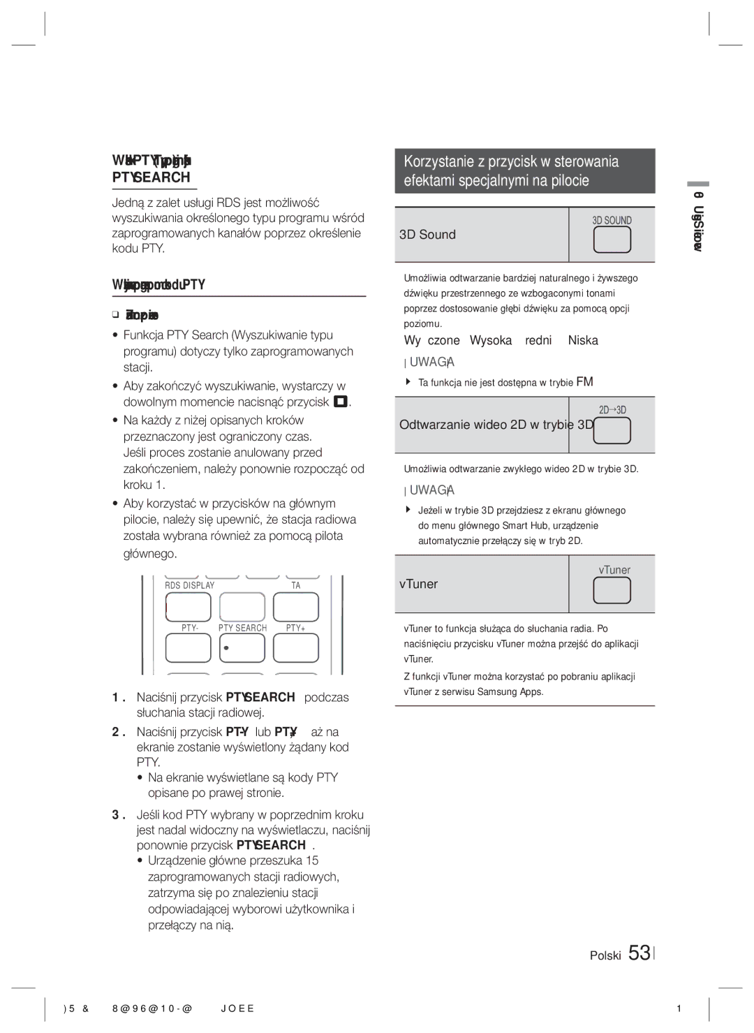 Samsung HT-E6750W/EN, HT-ES6200/EN manual Wskaźnik PTY Typ programu i funkcja, 3D Sound, Wyłączone  Wysoka  Średni  Niska 