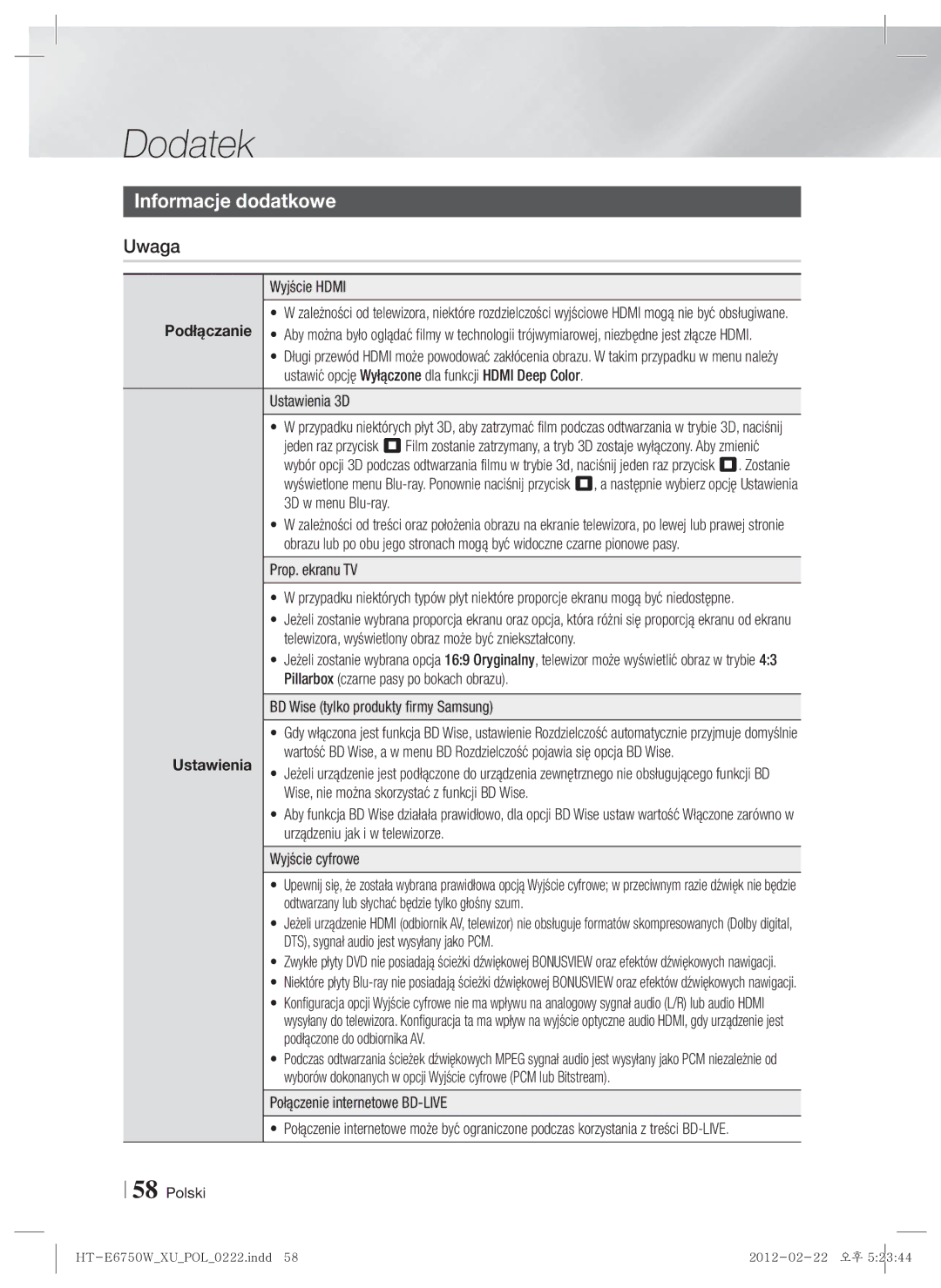 Samsung HT-ES6200/EN, HT-E6750W/EN manual Dodatek, Informacje dodatkowe, Uwaga 