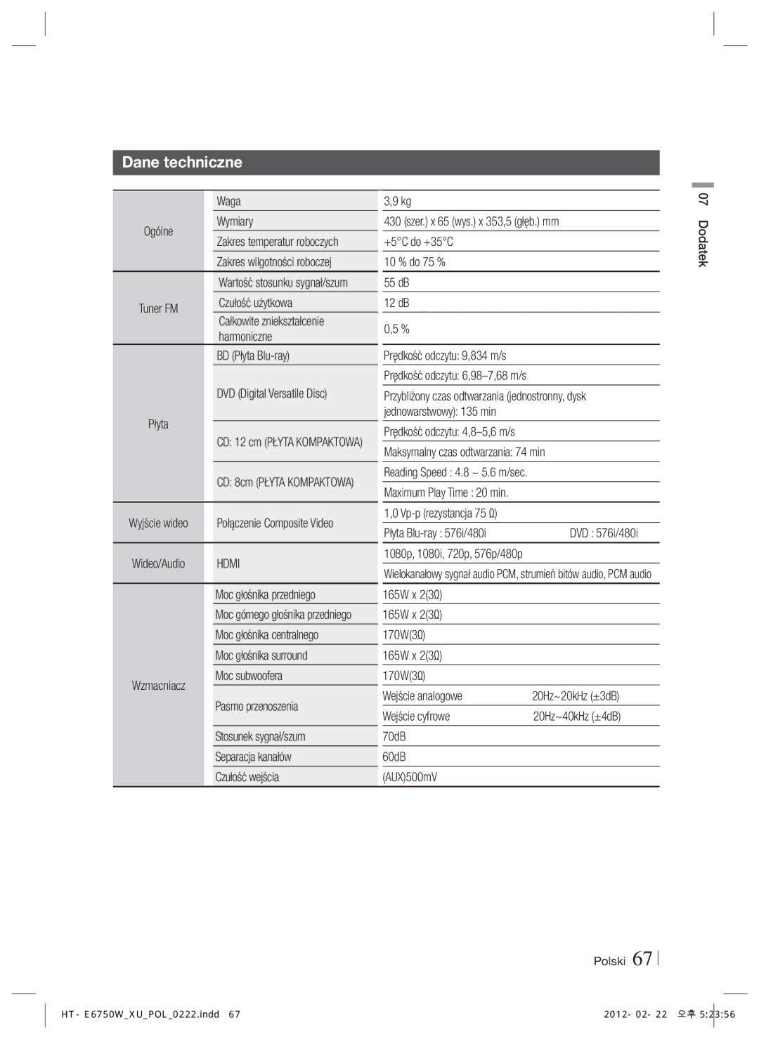 Samsung HT-E6750W/EN, HT-ES6200/EN manual Dane techniczne 