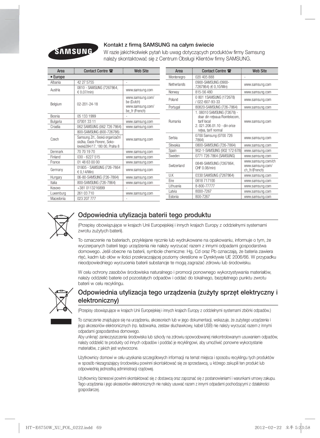 Samsung HT-E6750W/EN, HT-ES6200/EN Odpowiednia utylizacja baterii tego produktu, Kontakt z firmą Samsung na całym świecie 