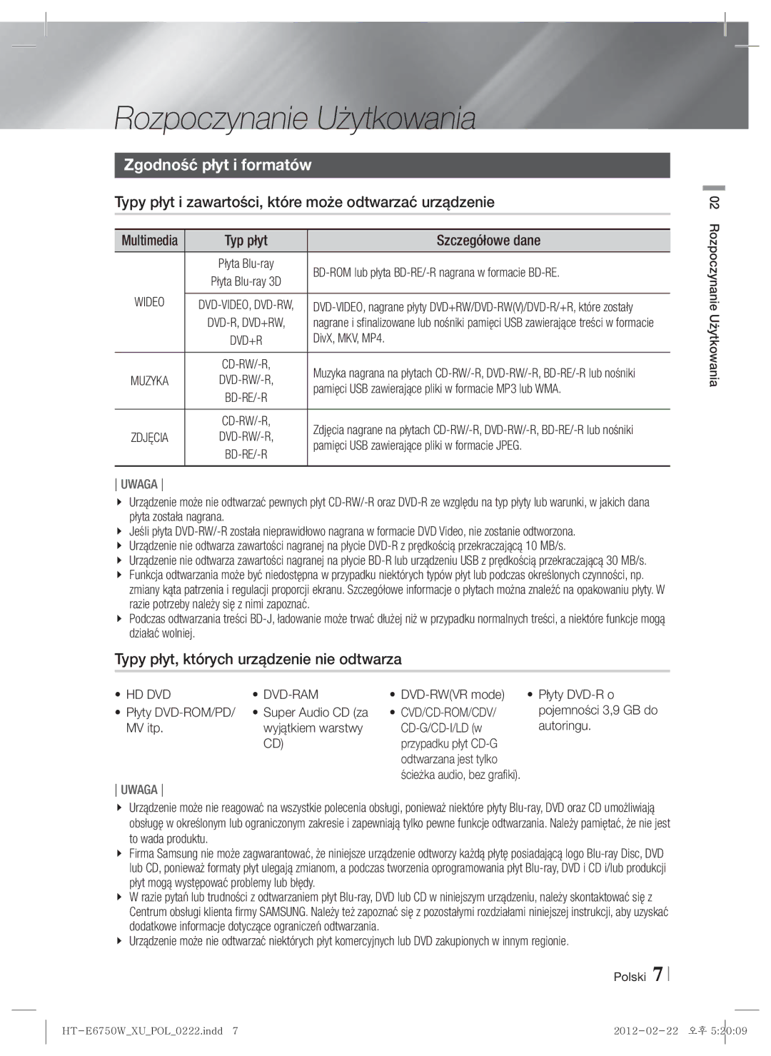 Samsung HT-E6750W/EN manual Rozpoczynanie Użytkowania, Zgodność płyt i formatów, Typy płyt, których urządzenie nie odtwarza 