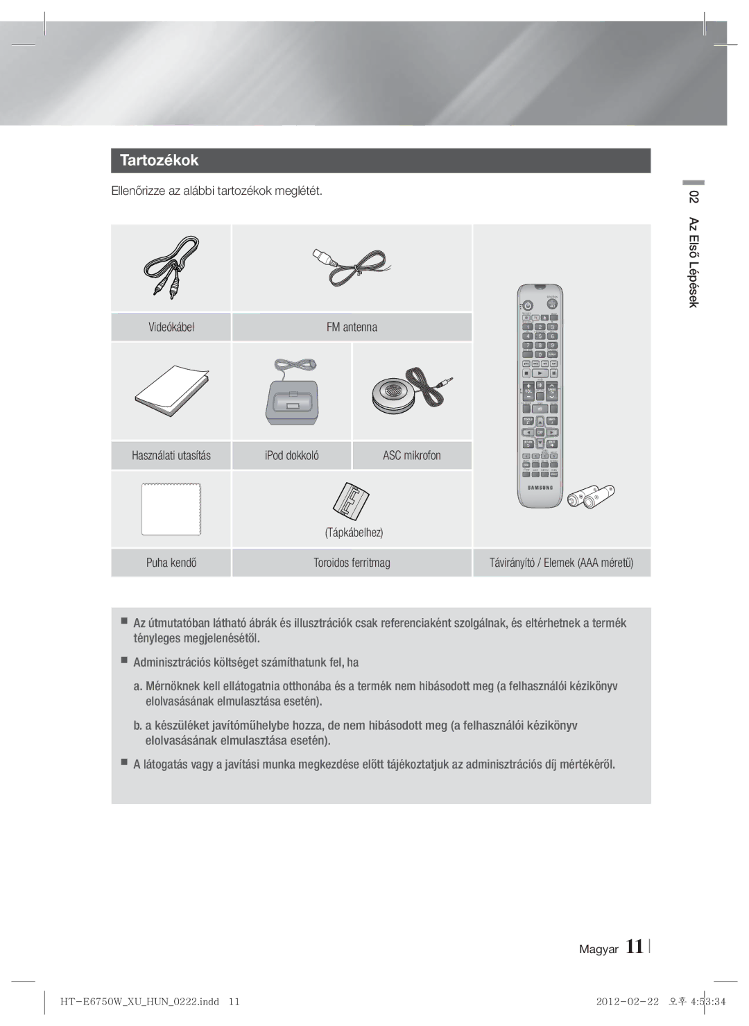 Samsung HT-ES6200/EN, HT-E6750W/EN Tartozékok, IPod dokkoló ASC mikrofon, Tápkábelhez, Távirányító / Elemek AAA méretű 