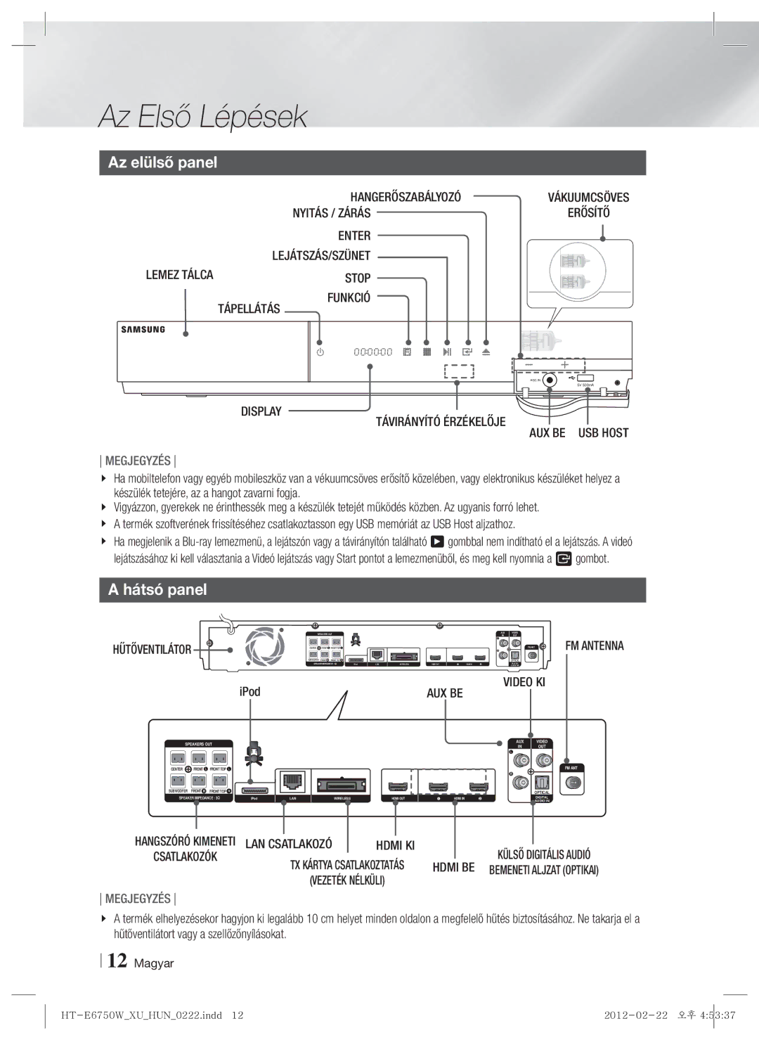 Samsung HT-E6750W/EN, HT-ES6200/EN manual Az elülső panel, Hátsó panel 