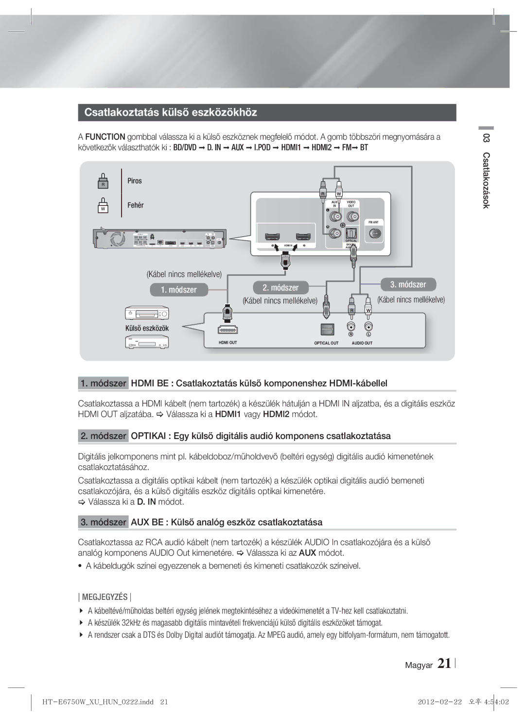 Samsung HT-ES6200/EN, HT-E6750W/EN manual Csatlakoztatás külső eszközökhöz, Fehér Kábel nincs mellékelve, Külső eszközök 