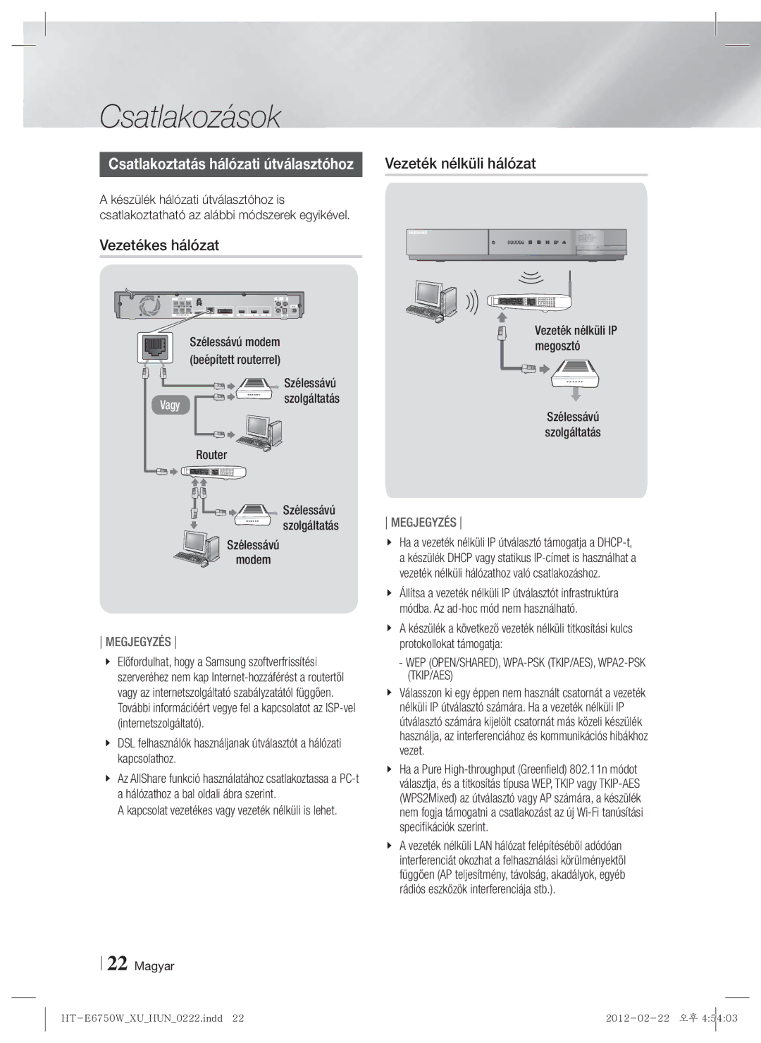 Samsung HT-E6750W/EN, HT-ES6200/EN manual Vezetékes hálózat, Szélessávú Vagy szolgáltatás Router Szolgáltatás Modem 