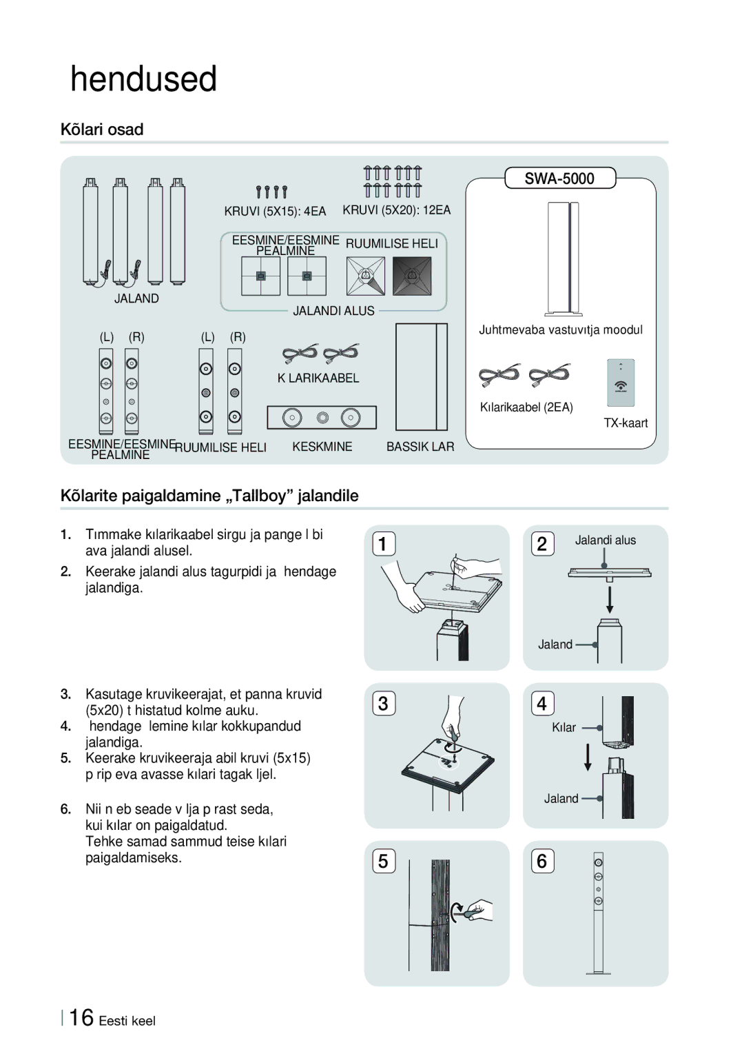 Samsung HT-ES6200/EN, HT-E6750W/EN manual Kõlari osad, Kõlarite paigaldamine „Tallboy jalandile, SWA-5000 