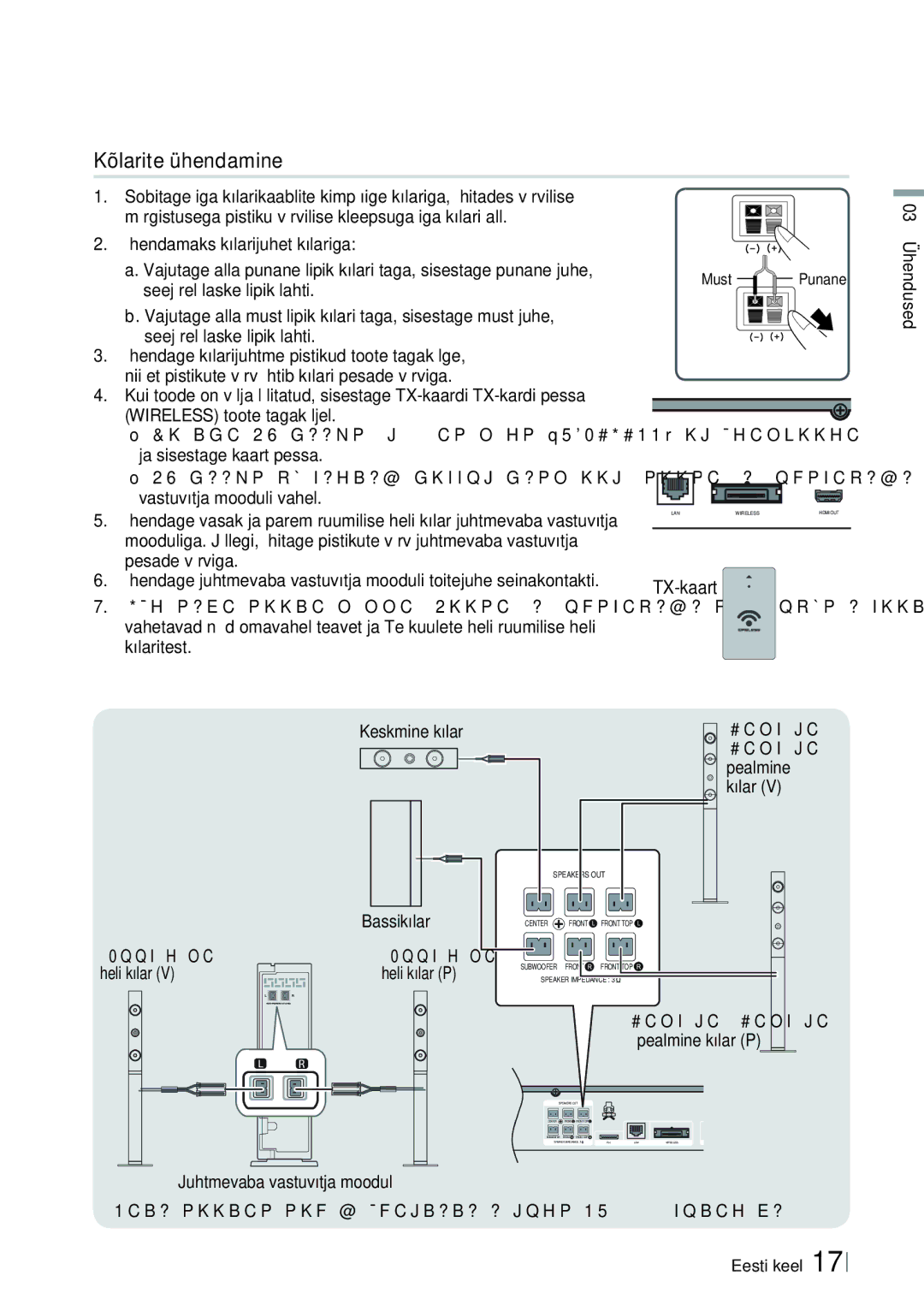 Samsung HT-E6750W/EN manual Kõlarite ühendamine, TX-kaart, Keskmine kõlar Bassikõlar, #COIāJC#COIāJC, Pealmine kõlar P 