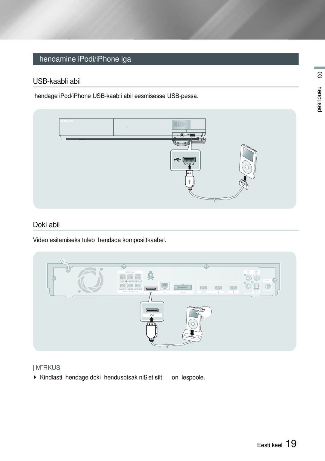 Samsung HT-E6750W/EN, HT-ES6200/EN manual Ühendamine iPodi/iPhone’iga, USB-kaabli abil, Doki abil 