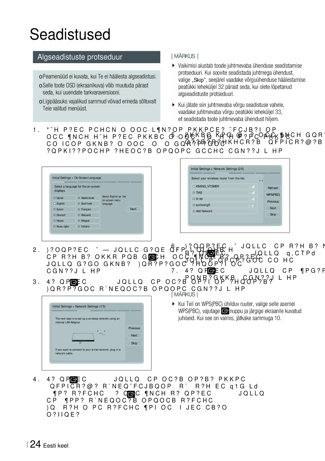 Samsung HT-ES6200/EN manual Seadistused, Algseadistuste protseduur, Kui Teil on Wpspbc ühilduv ruuter, valige selle asemel 