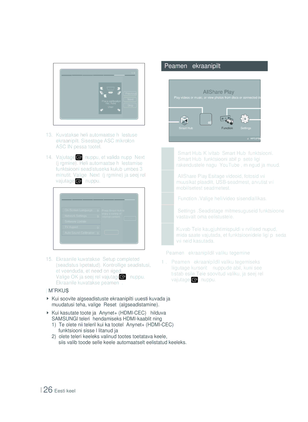 Samsung HT-ES6200/EN manual Peamenüü ekraanipilt, „Smart Hub. Käivitab „Smart Hub funktsiooni, Mobiilsetest seadmetest 