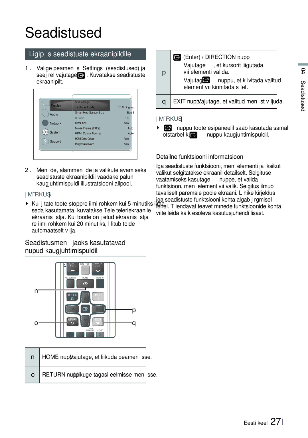 Samsung HT-E6750W/EN manual Ligipääs seadistuste ekraanipildile, Seadistusmenüü jaoks kasutatavad nupud kaugjuhtimispuldil 