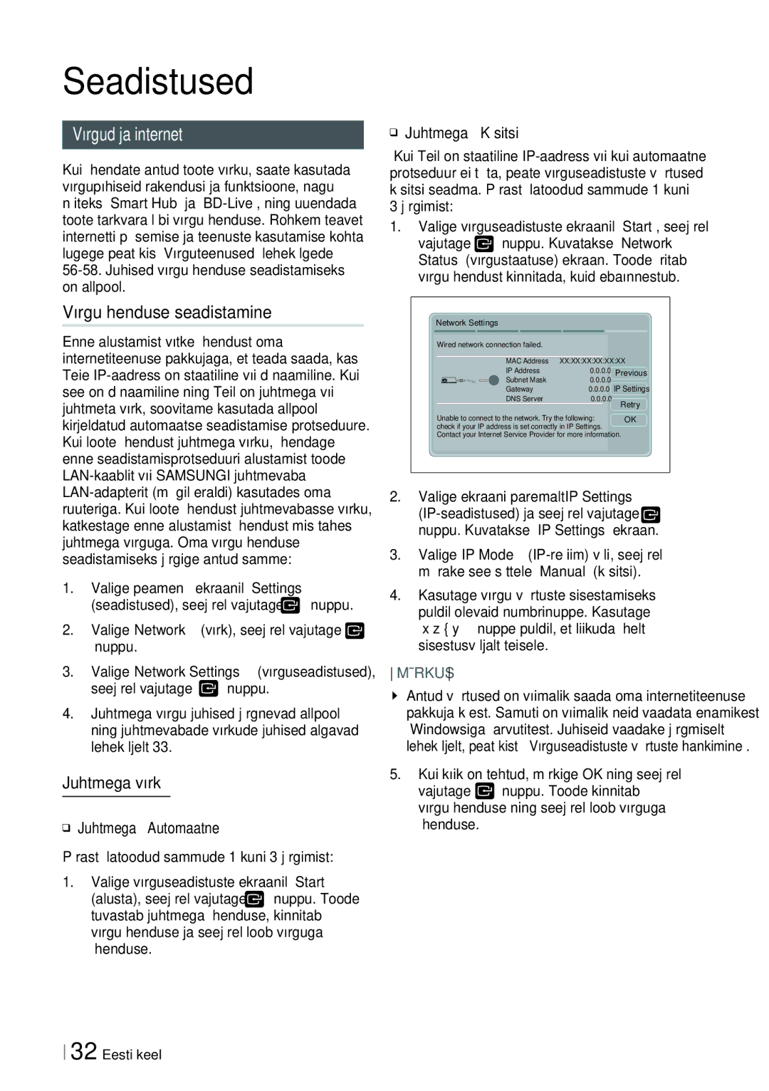 Samsung HT-ES6200/EN, HT-E6750W/EN manual Võrgud ja internet, Võrguühenduse seadistamine, Juhtmega võrk 