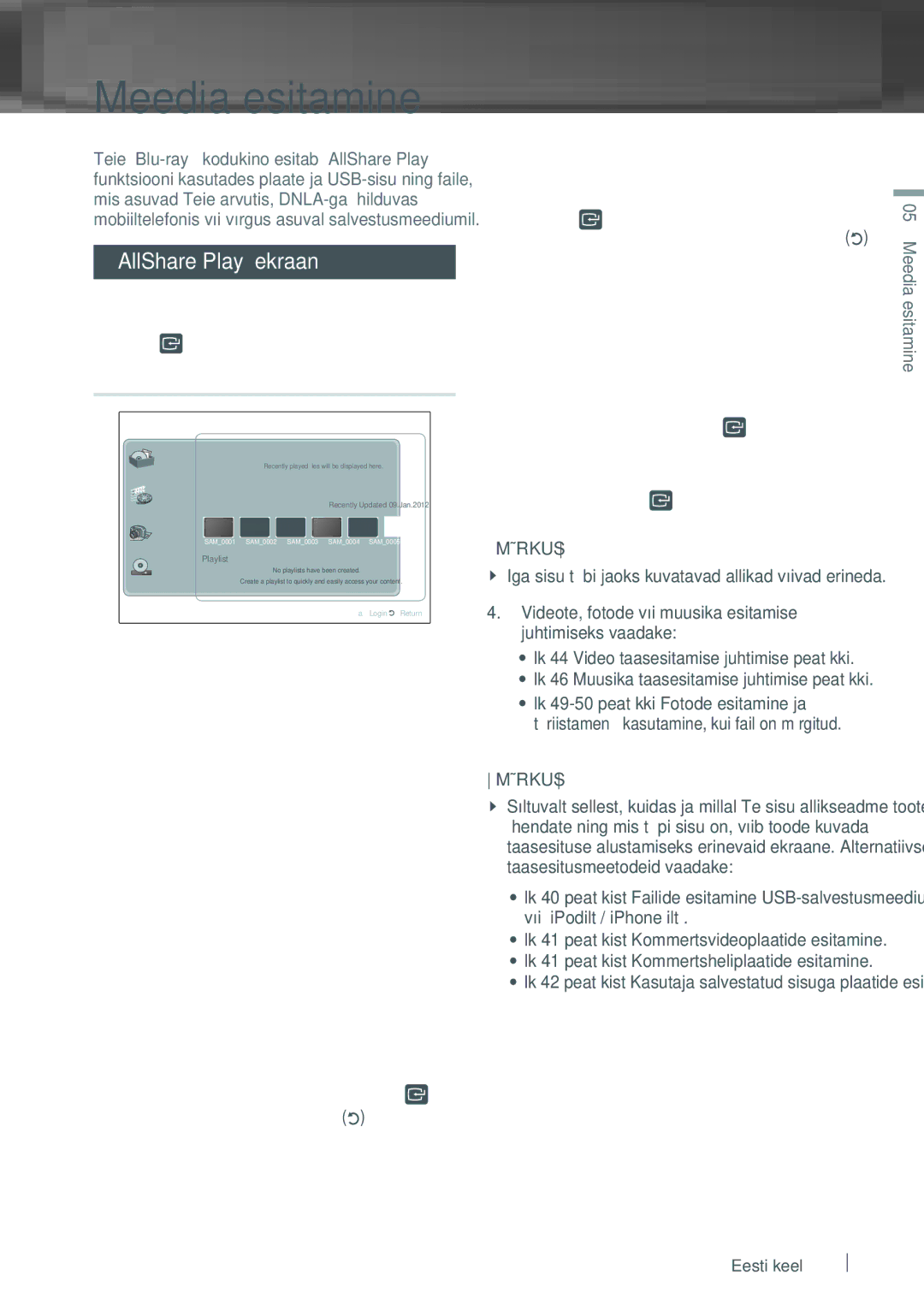 Samsung HT-E6750W/EN, HT-ES6200/EN manual Meedia esitamine, „AllShare Play ekraan, „ AllShare Play ekraani kasutamine 