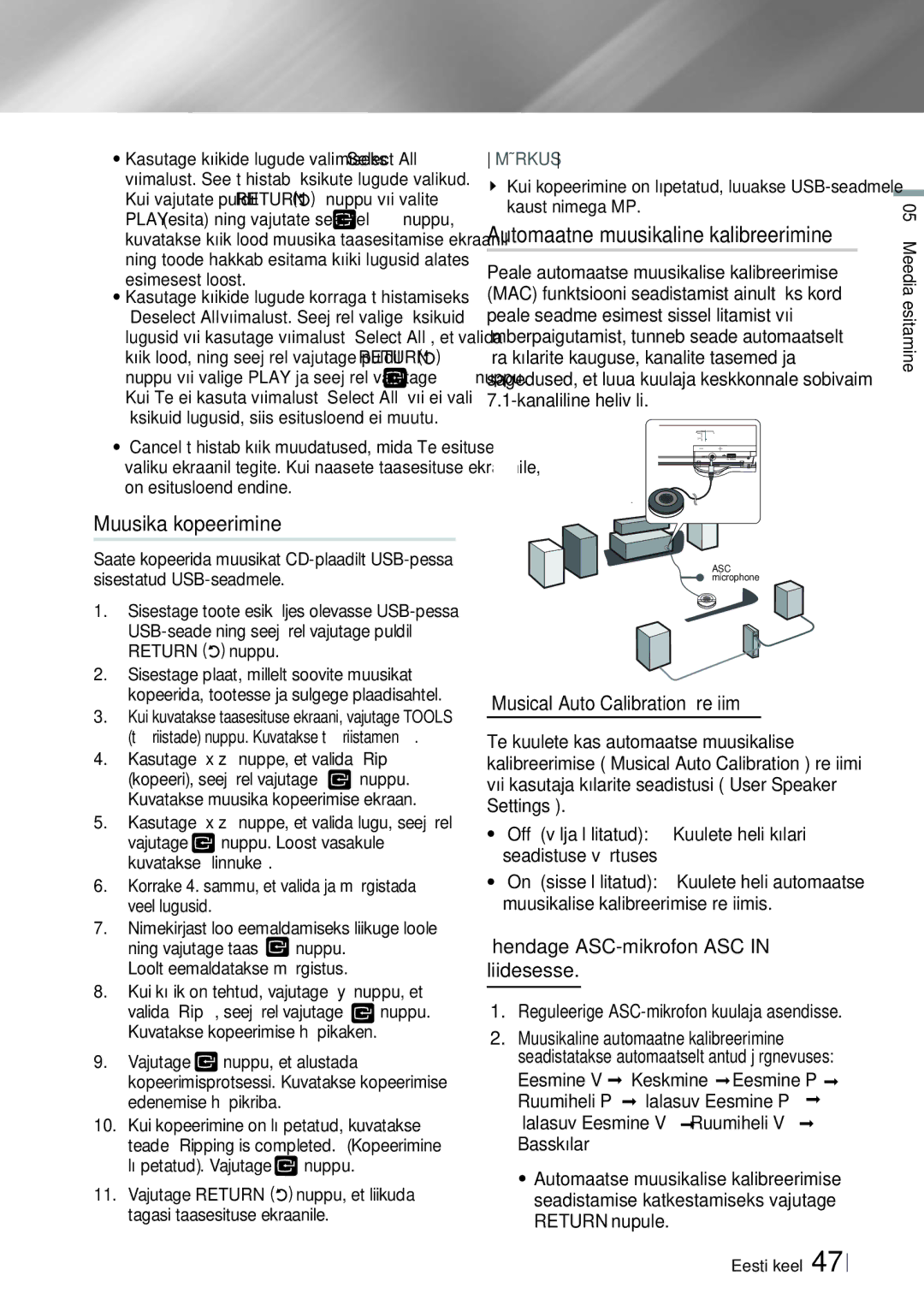 Samsung HT-E6750W/EN manual Muusika kopeerimine, Automaatne muusikaline kalibreerimine, „Musical Auto Calibration režiim 