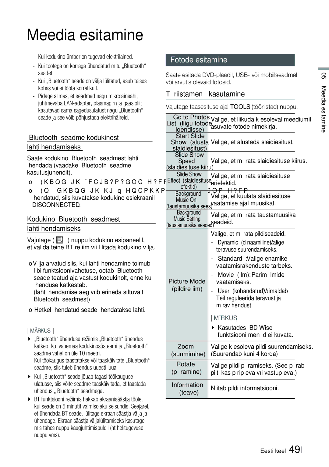 Samsung HT-E6750W/EN manual Fotode esitamine, Tööriistamenüü kasutamine, „Bluetooth seadme kodukinost Lahtiühendamiseks 