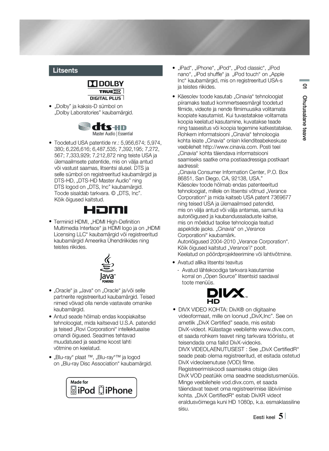 Samsung HT-E6750W/EN, HT-ES6200/EN manual Litsents 